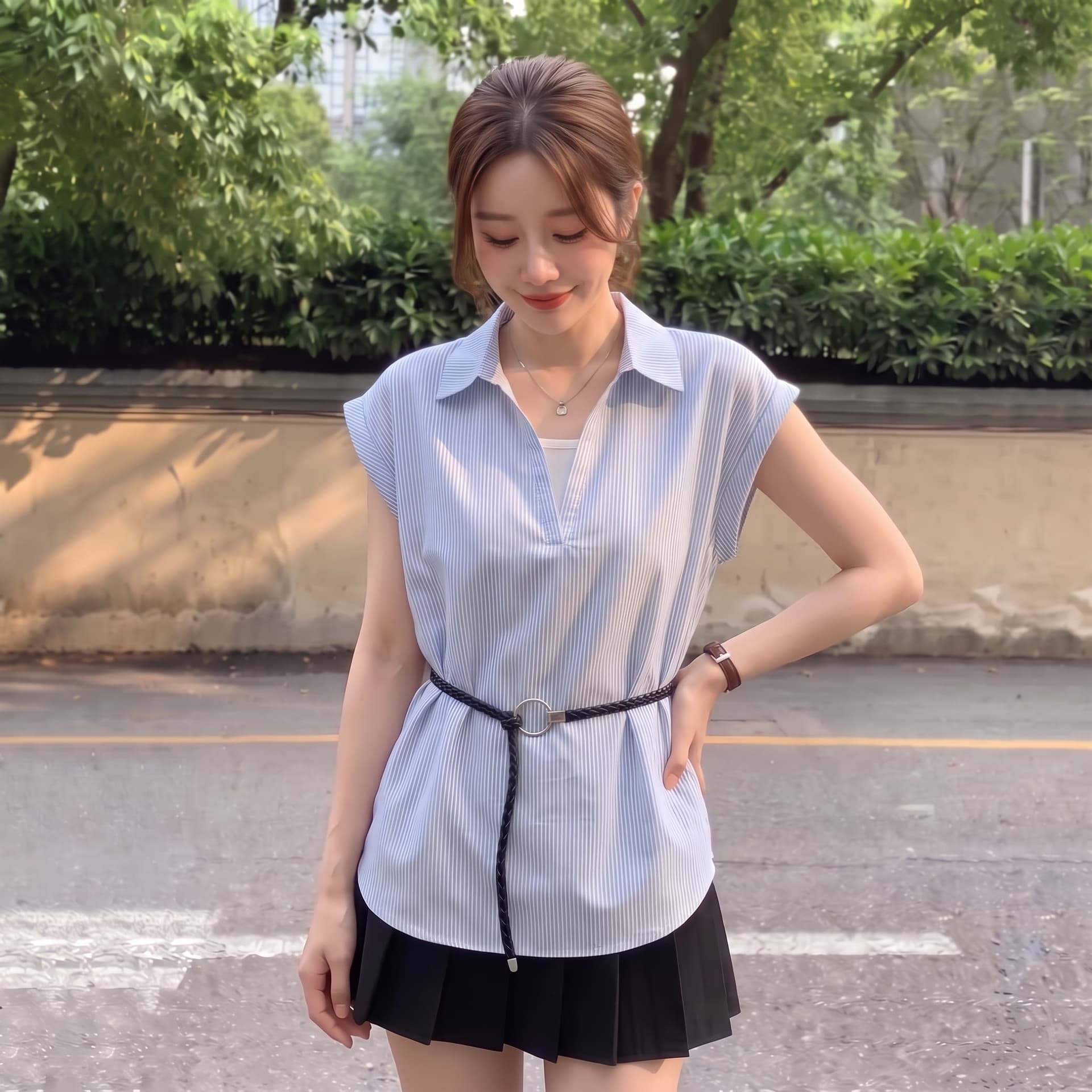실사 빅 사이즈 면 스트라이프 깊은 v 패치워크 페이크 레이어드 셔츠 프랑스식 품격 폴로 칼라 캐주얼 느슨함 센스 맨위 이미지 2