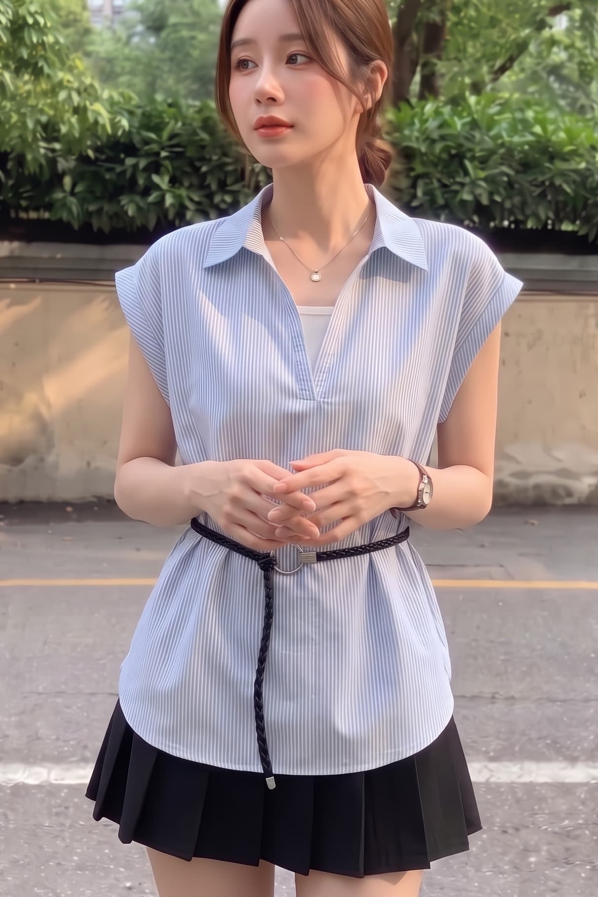 실사 빅 사이즈 면 스트라이프 깊은 v 패치워크 페이크 레이어드 셔츠 프랑스식 품격 폴로 칼라 캐주얼 느슨함 센스 맨위 이미지 6