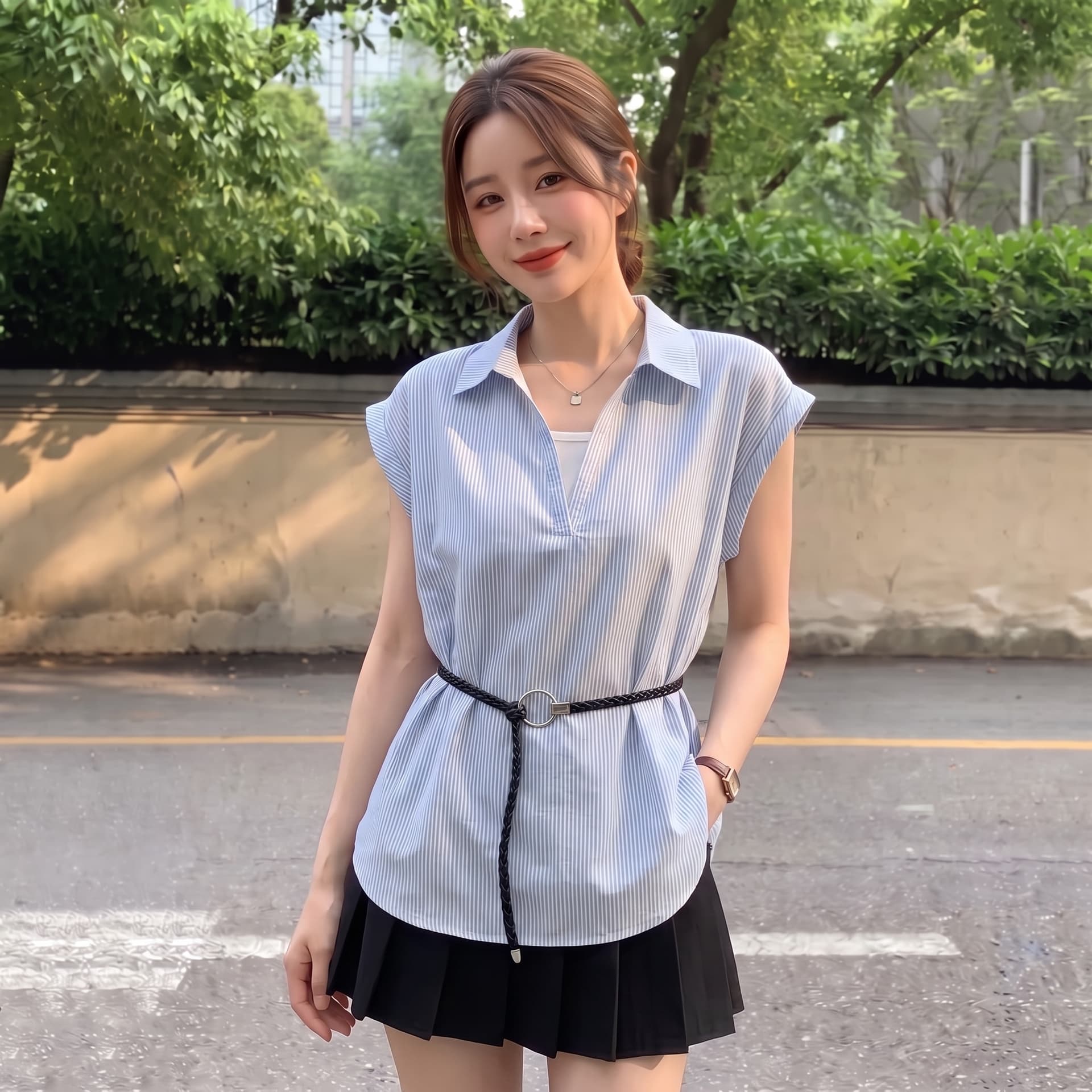 실사 빅 사이즈 면 스트라이프 깊은 v 패치워크 페이크 레이어드 셔츠 프랑스식 품격 폴로 칼라 캐주얼 느슨함 센스 맨위 상세 이미지 2