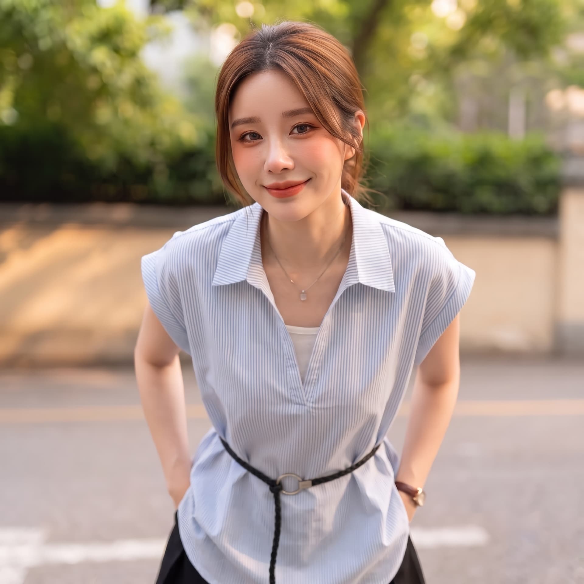 실사 빅 사이즈 면 스트라이프 깊은 v 패치워크 페이크 레이어드 셔츠 프랑스식 품격 폴로 칼라 캐주얼 느슨함 센스 맨위 상세 이미지 4