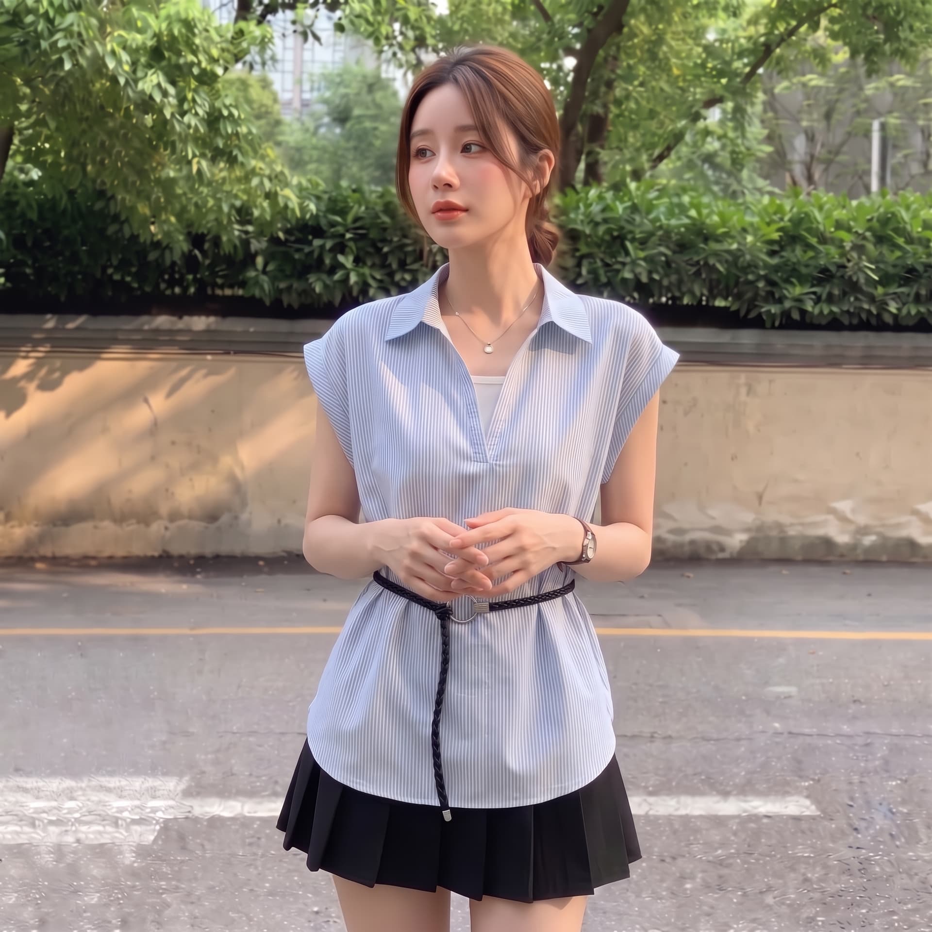 실사 빅 사이즈 면 스트라이프 깊은 v 패치워크 페이크 레이어드 셔츠 프랑스식 품격 폴로 칼라 캐주얼 느슨함 센스 맨위 상세 이미지 7