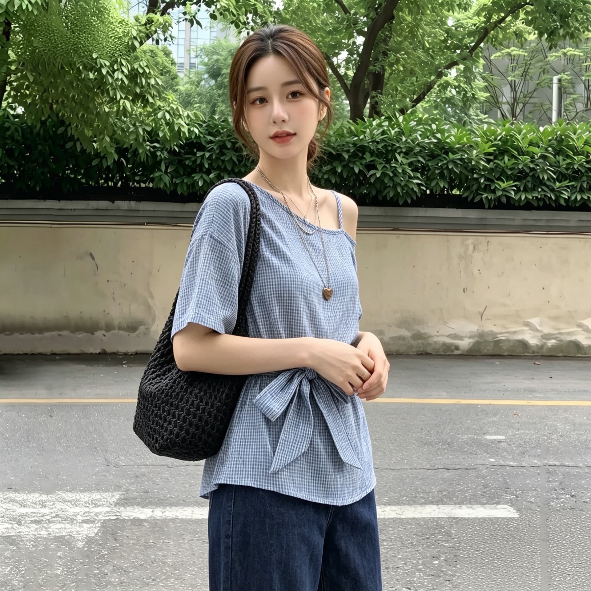 실사 빅 사이즈 한 스타일 파란색 보트넥 비스듬한 어깨 반팔 여성 셔츠 여름 고유 한 스트랩 허리 수축 작은 맨위 이미지 3
