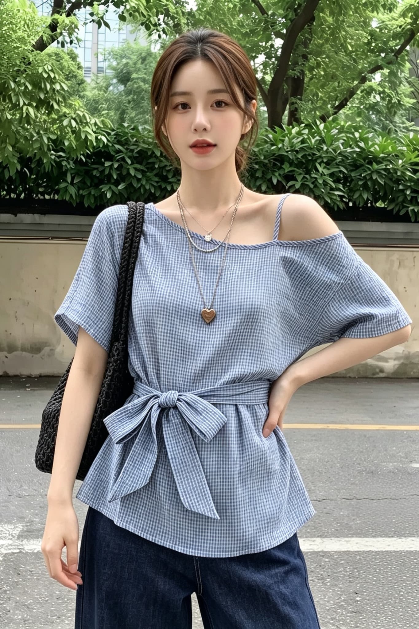실사 빅 사이즈 한 스타일 파란색 보트넥 비스듬한 어깨 반팔 여성 셔츠 여름 고유 한 스트랩 허리 수축 작은 맨위 이미지 6