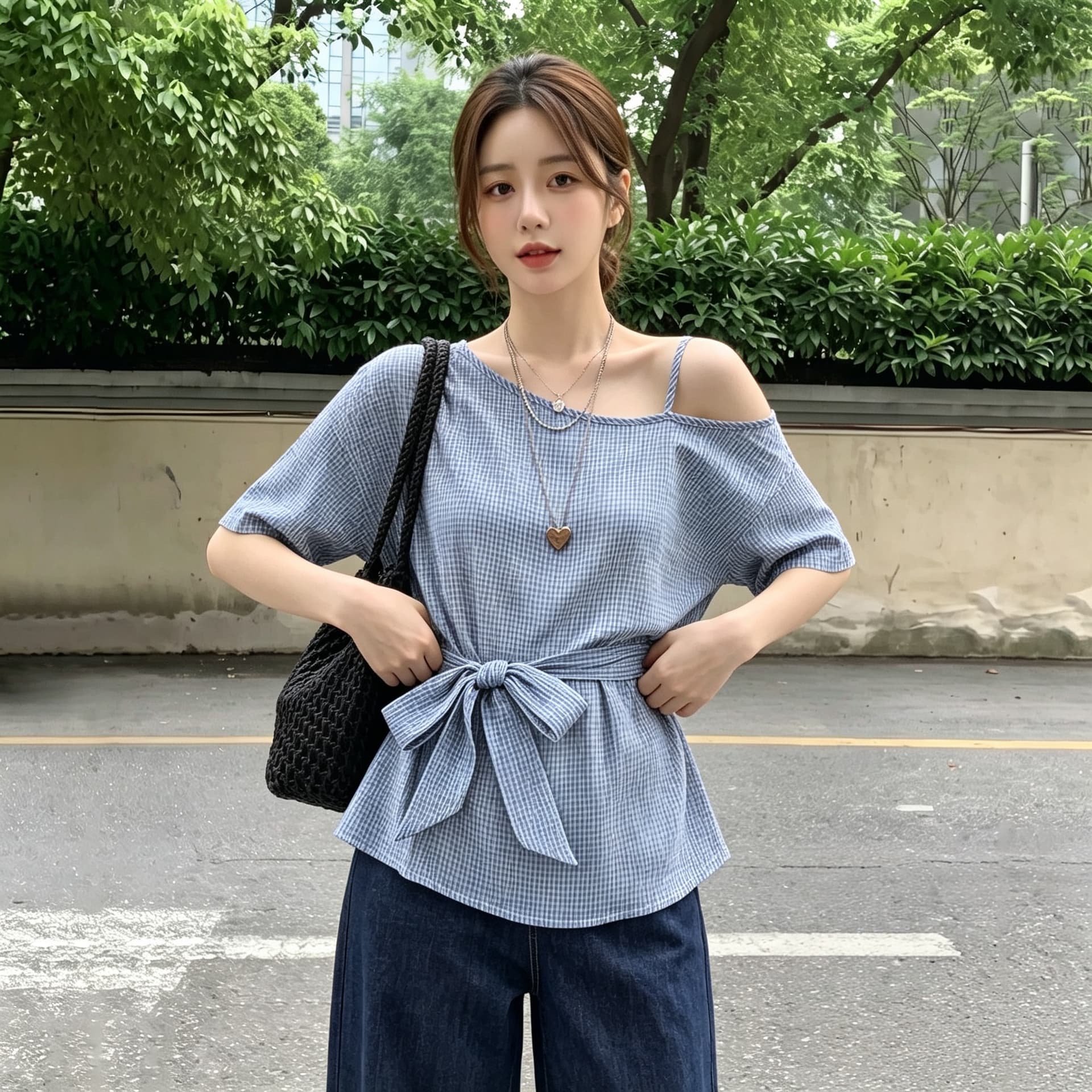 실사 빅 사이즈 한 스타일 파란색 보트넥 비스듬한 어깨 반팔 여성 셔츠 여름 고유 한 스트랩 허리 수축 작은 맨위 상세 이미지 2