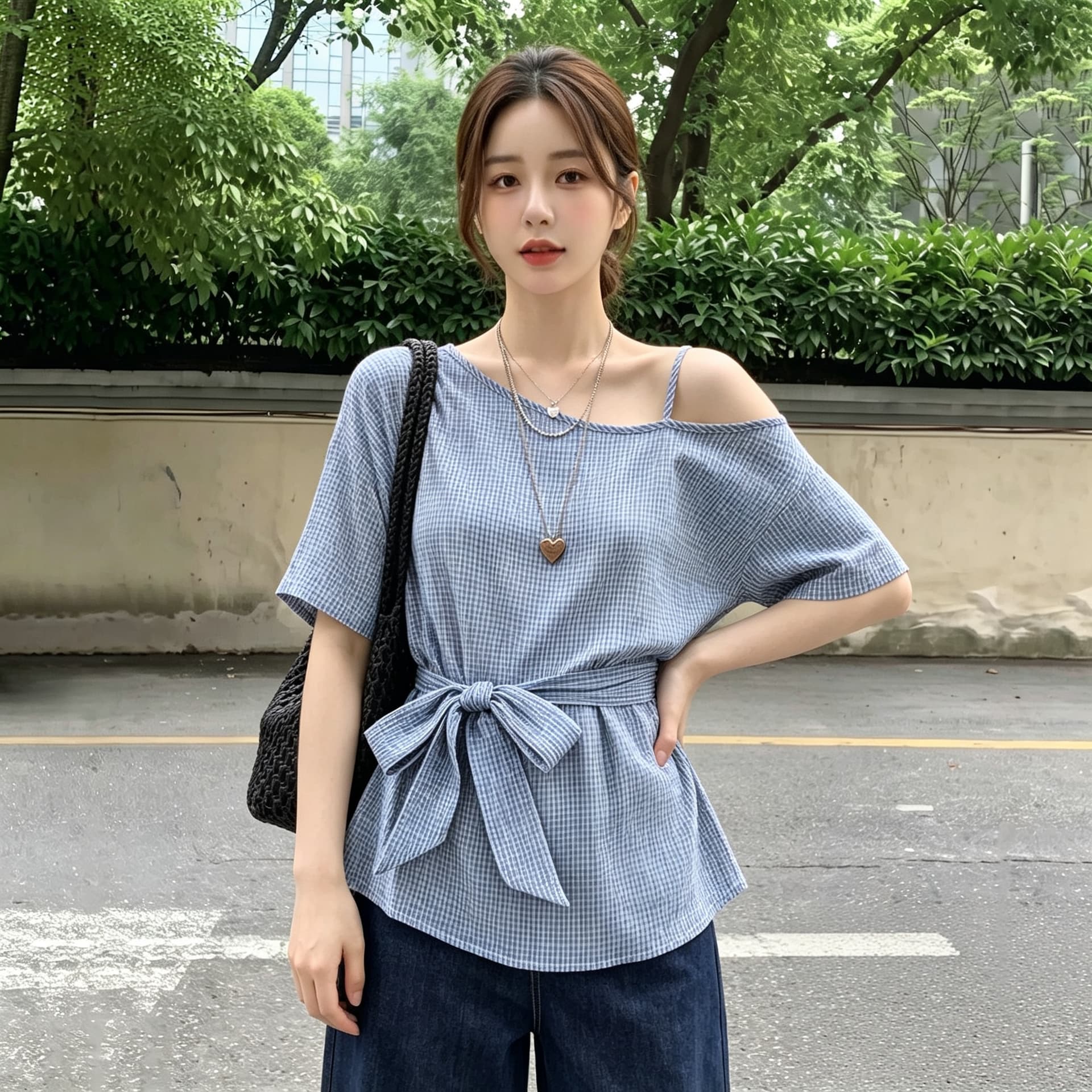 실사 빅 사이즈 한 스타일 파란색 보트넥 비스듬한 어깨 반팔 여성 셔츠 여름 고유 한 스트랩 허리 수축 작은 맨위 상세 이미지 5