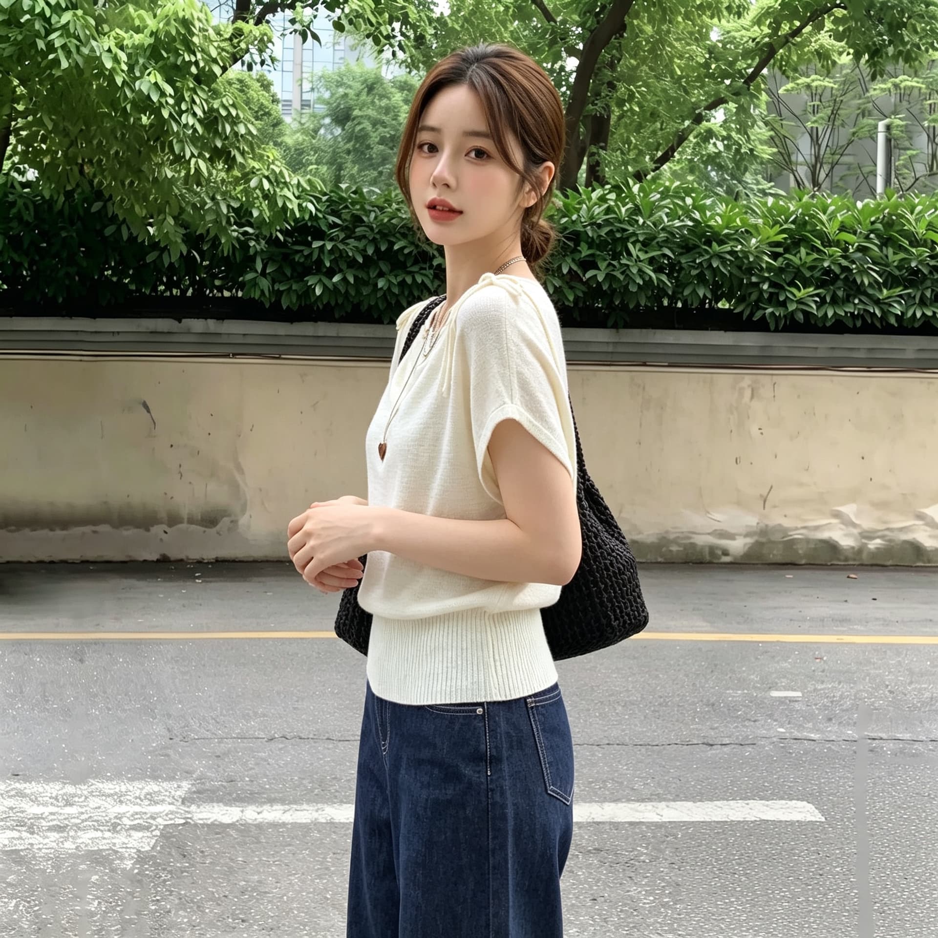 실사 빅 사이즈 프랑스식 출퇴근 반팔 니트 스웨터 여성 2026 년 여름 새로운 레이스업 라운드 넥 슬림해 보이는 맨위 이미지 3