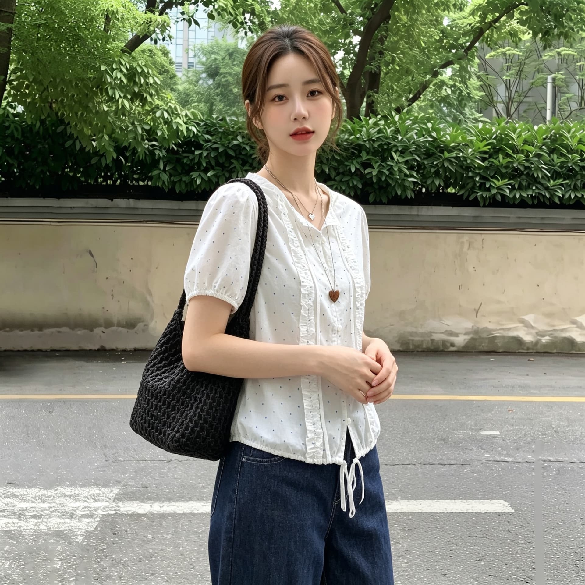 실사 빅 사이즈 분위기 센스 레이스 작은 파란색 점 거품 소매 스트랩 시폰 셔츠 여성 여름 화이트 쇼트 스타일 셔츠 이미지 3