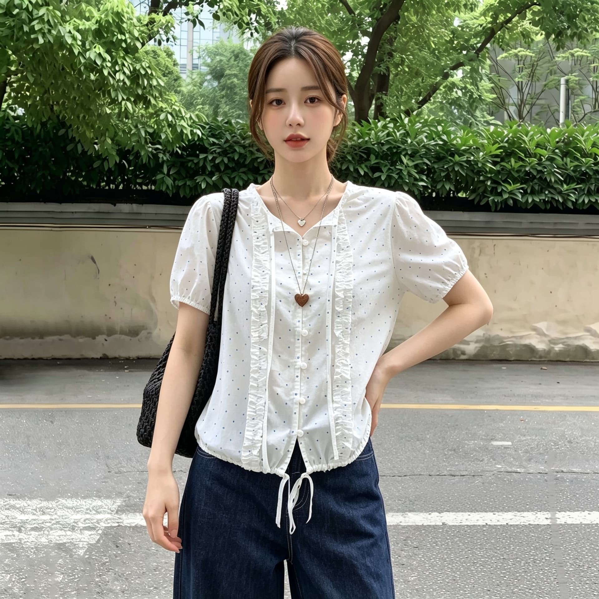 실사 빅 사이즈 분위기 센스 레이스 작은 파란색 점 거품 소매 스트랩 시폰 셔츠 여성 여름 화이트 쇼트 스타일 셔츠 이미지 4