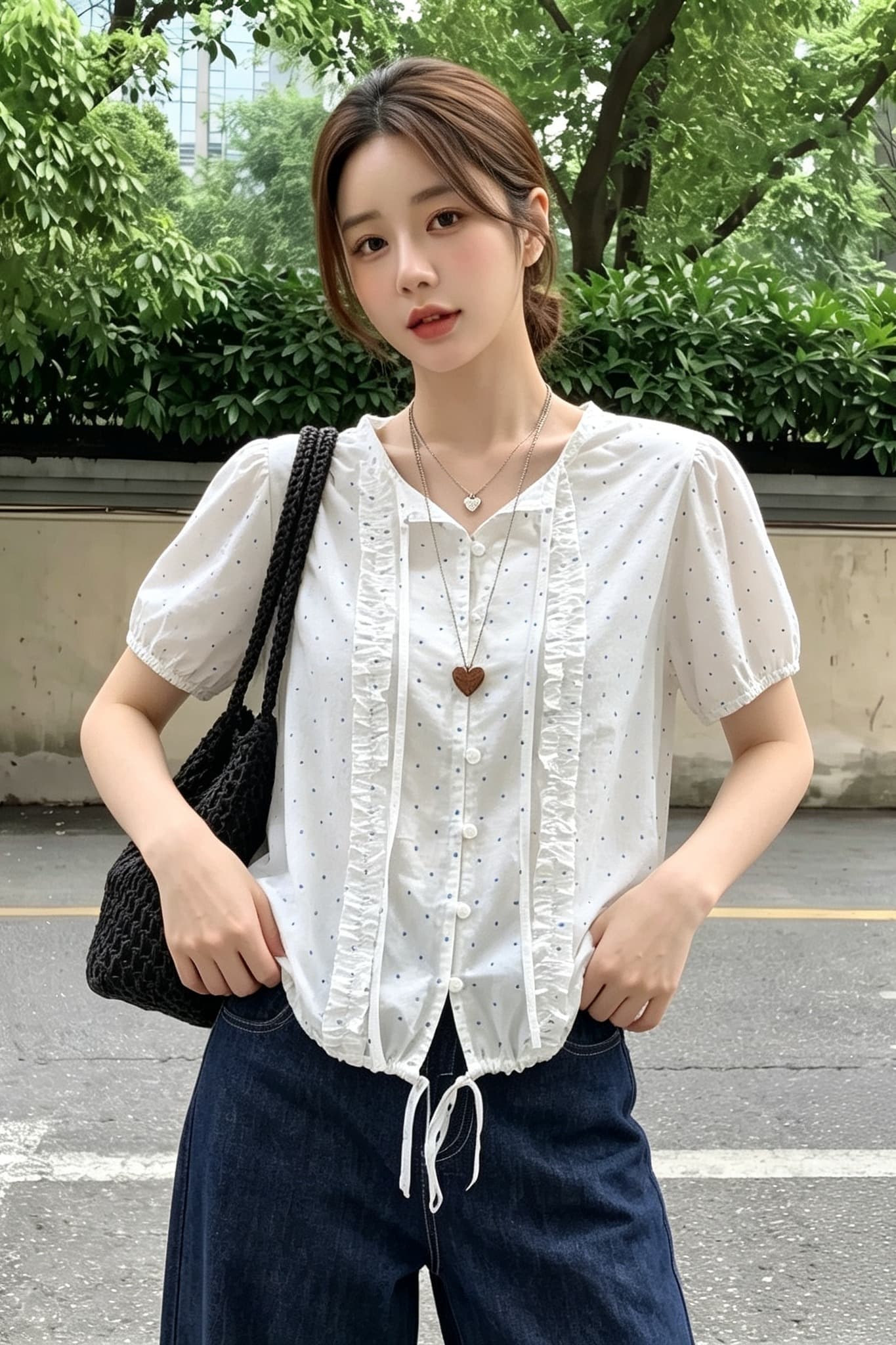 실사 빅 사이즈 분위기 센스 레이스 작은 파란색 점 거품 소매 스트랩 시폰 셔츠 여성 여름 화이트 쇼트 스타일 셔츠 이미지 6