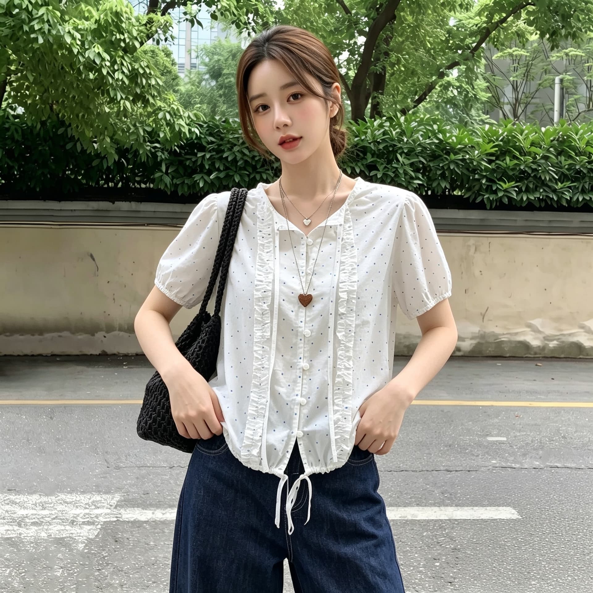 실사 빅 사이즈 분위기 센스 레이스 작은 파란색 점 거품 소매 스트랩 시폰 셔츠 여성 여름 화이트 쇼트 스타일 셔츠 상세 이미지 3