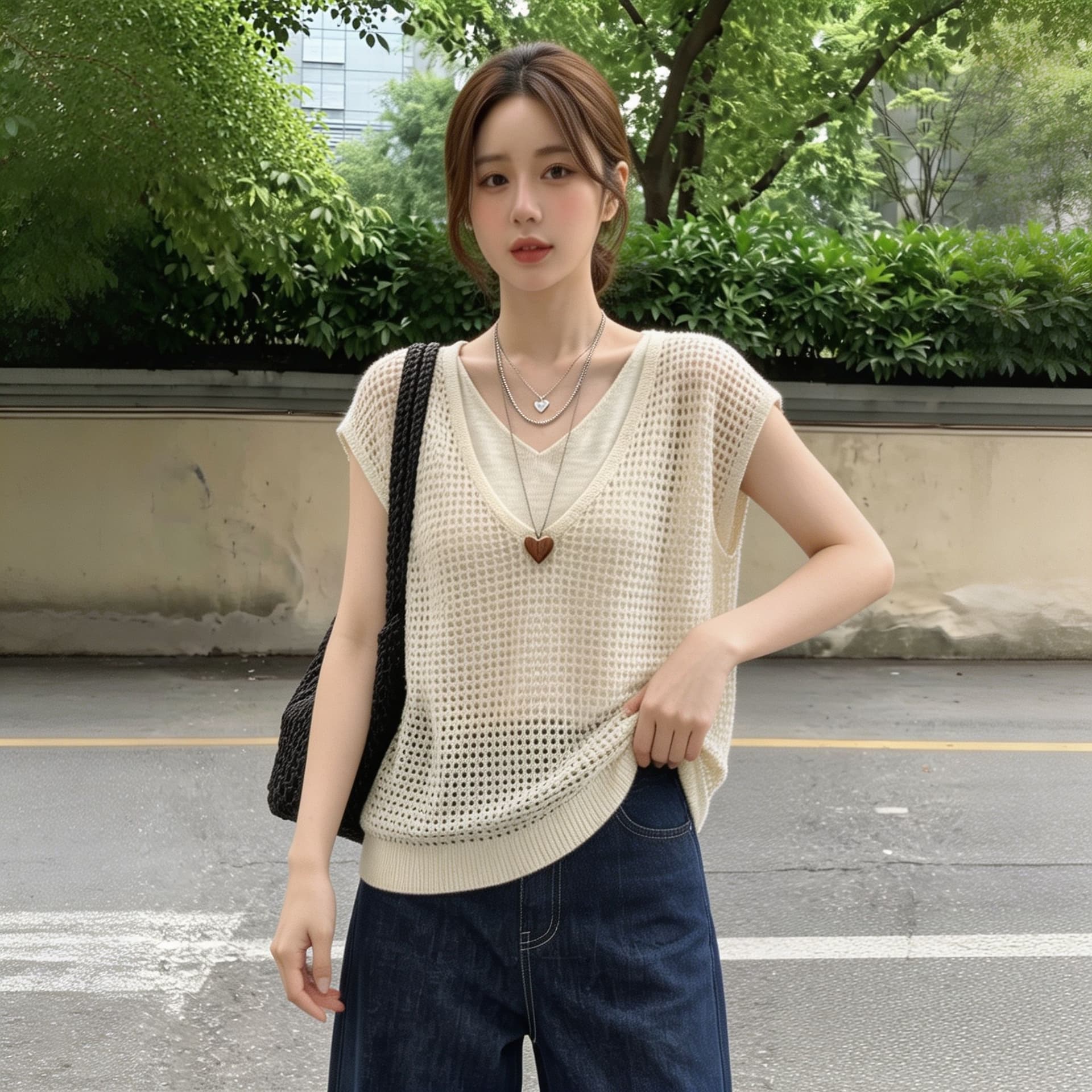 실사 빅 사이즈 한 스타일 V넥 디자인 센스 가짜 2 피스 슈트 홀로우 아웃 니트 여성 여름 캐주얼 다용도 슬림해 보이는 맨위 이미지 5