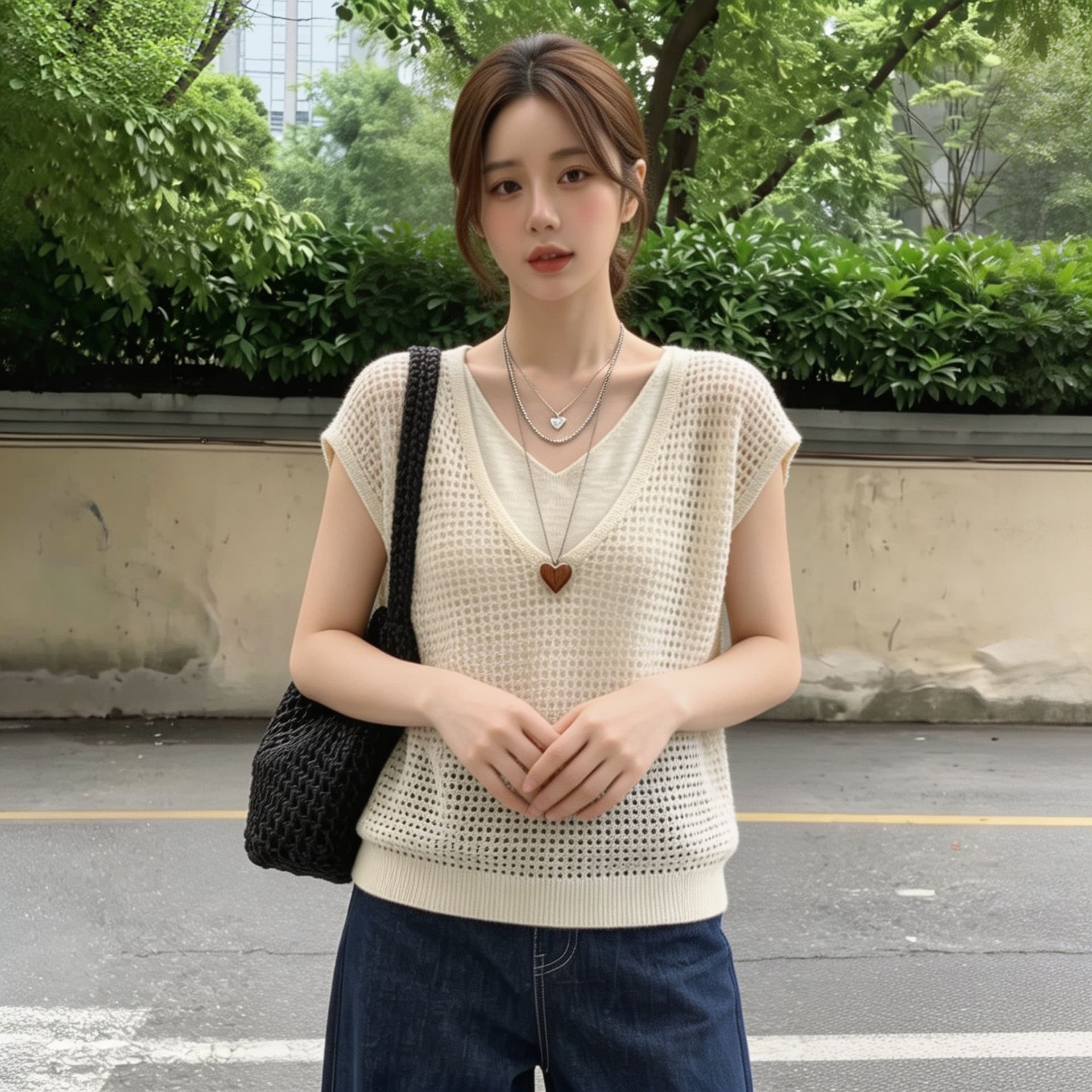 실사 빅 사이즈 한 스타일 V넥 디자인 센스 가짜 2 피스 슈트 홀로우 아웃 니트 여성 여름 캐주얼 다용도 슬림해 보이는 맨위 상세 이미지 3