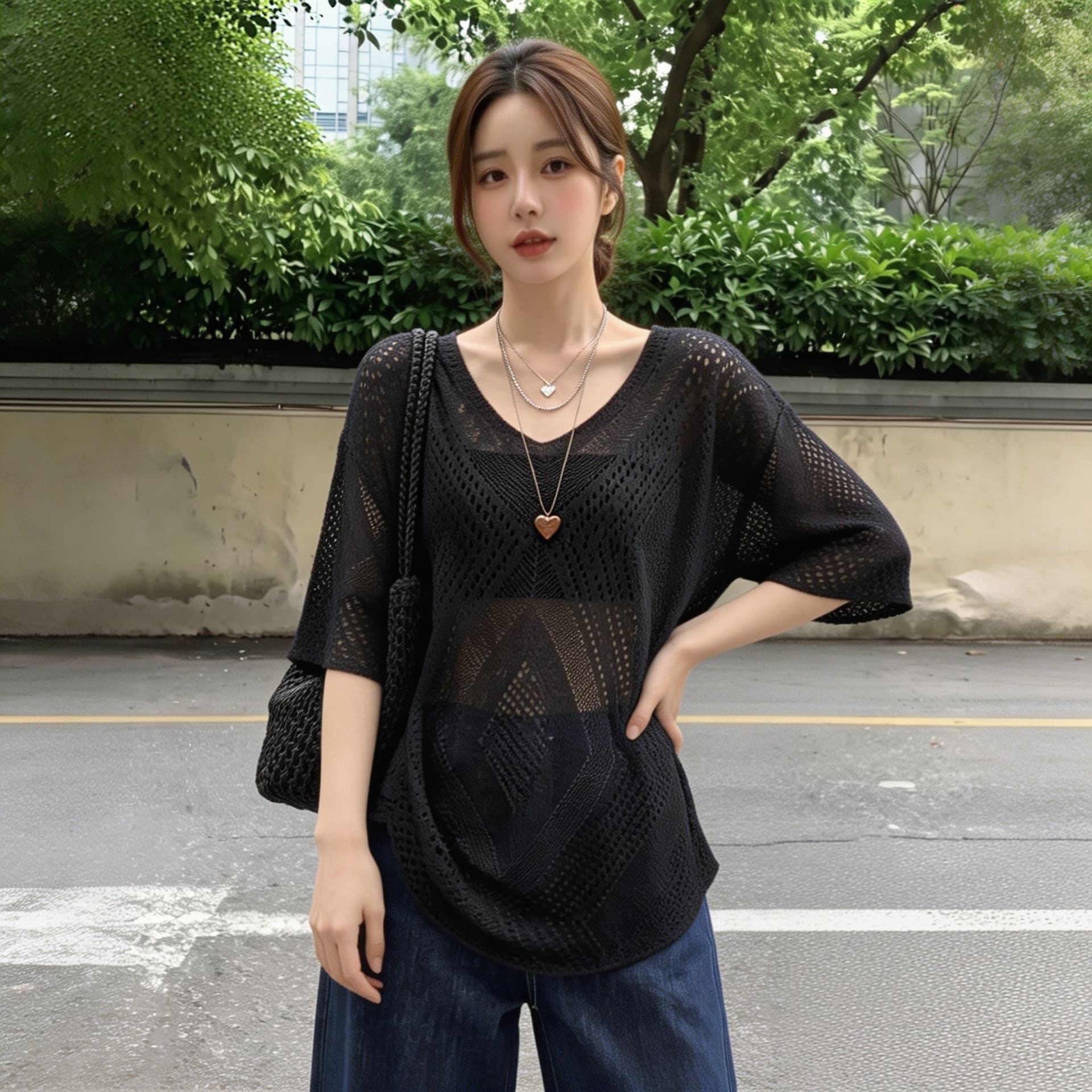 실사 빅 사이즈 여름 얇은 스타일 V넥 홀로우 아웃 블라우스 여성 프랑스식 레트로 루즈핏 느긋한 바람 니트 스웨터 맨위 이미지 5