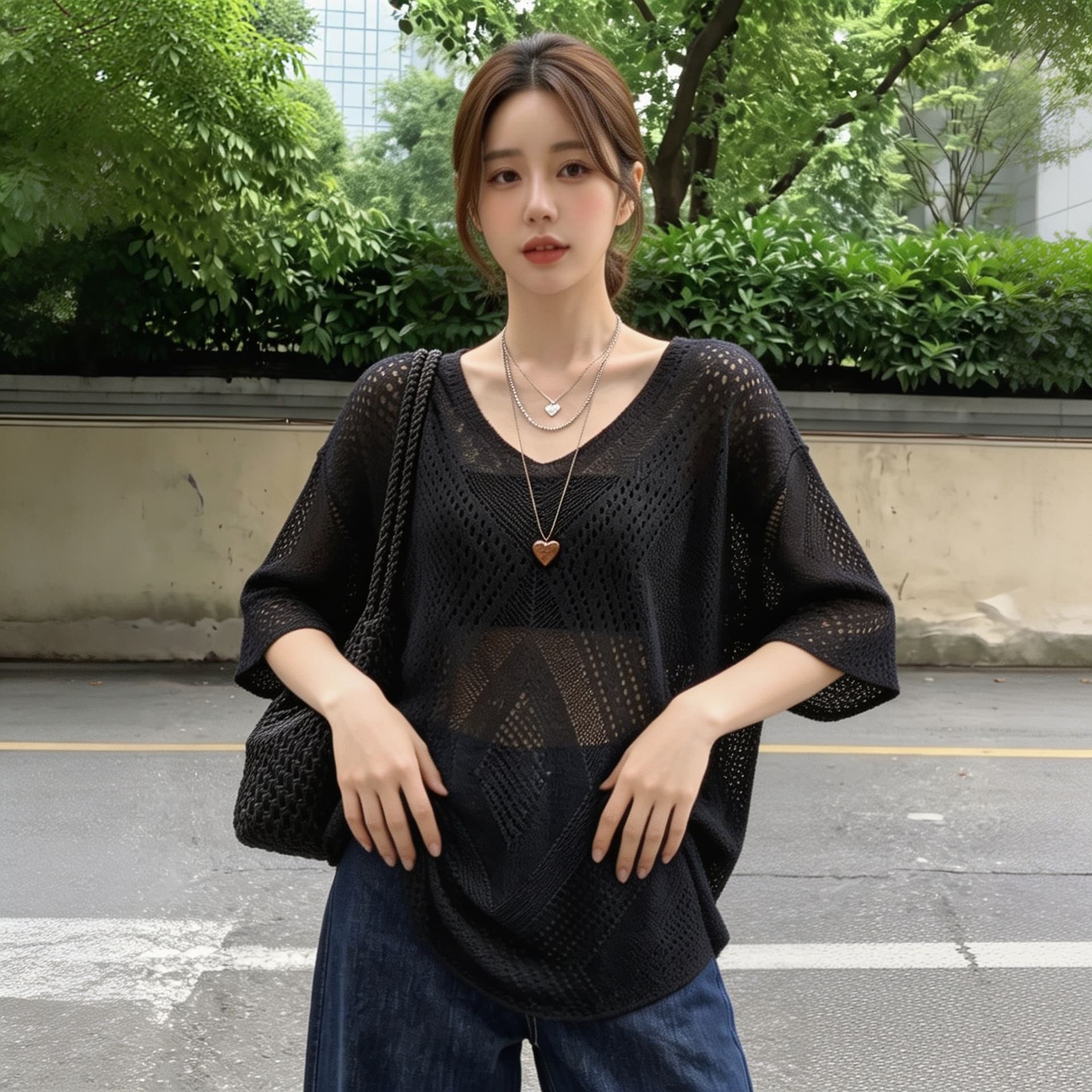 실사 빅 사이즈 여름 얇은 스타일 V넥 홀로우 아웃 블라우스 여성 프랑스식 레트로 루즈핏 느긋한 바람 니트 스웨터 맨위 이미지 3