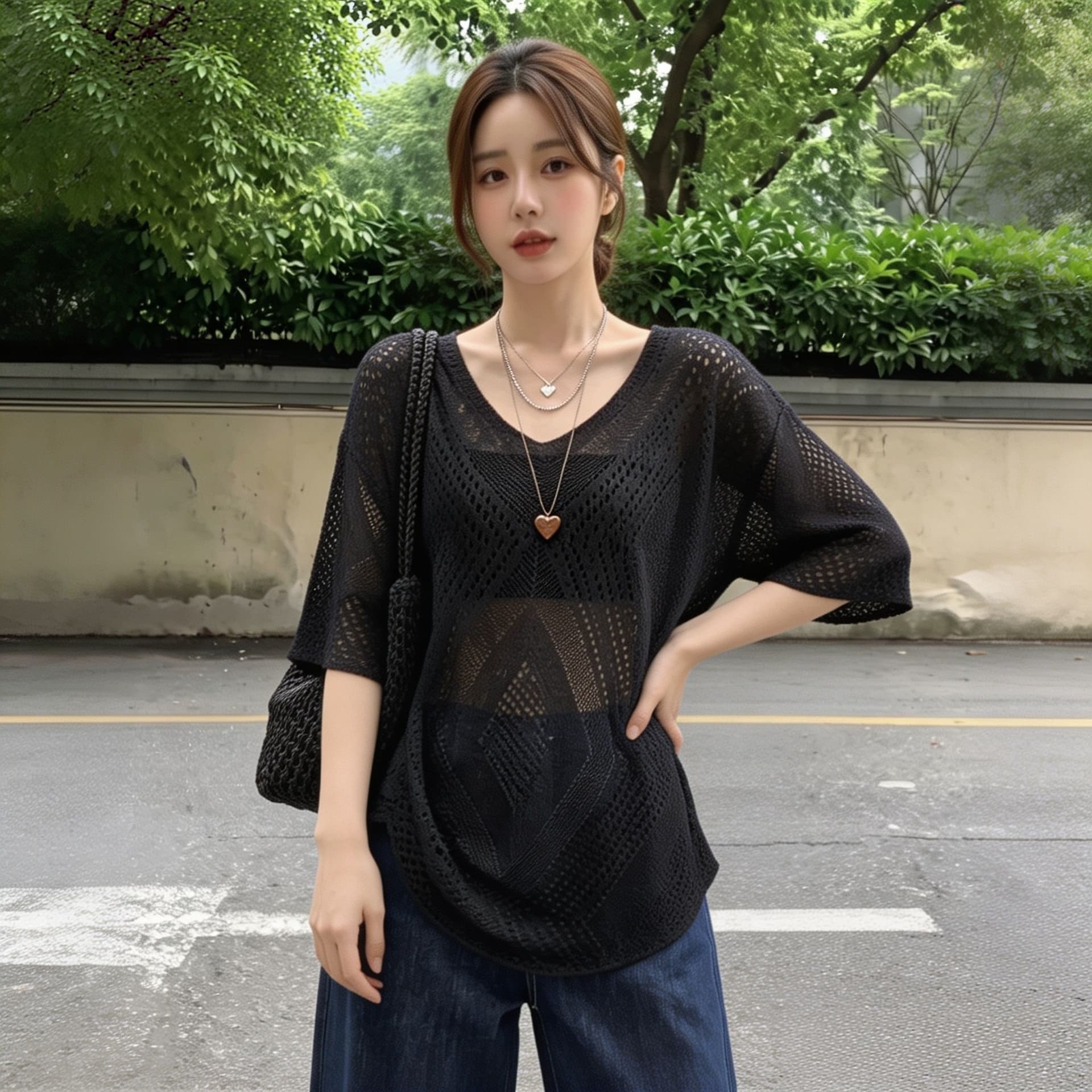 실사 빅 사이즈 여름 얇은 스타일 V넥 홀로우 아웃 블라우스 여성 프랑스식 레트로 루즈핏 느긋한 바람 니트 스웨터 맨위 상세 이미지 2