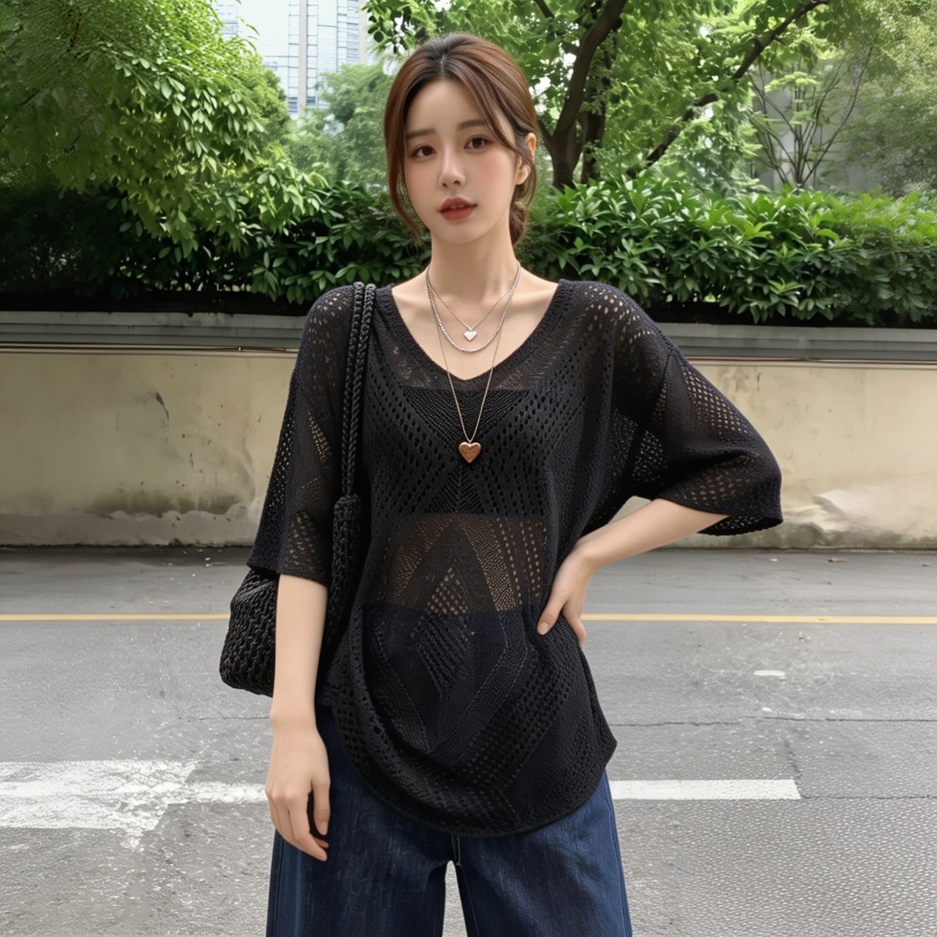 실사 빅 사이즈 여름 얇은 스타일 V넥 홀로우 아웃 블라우스 여성 프랑스식 레트로 루즈핏 느긋한 바람 니트 스웨터 맨위 상세 이미지 4