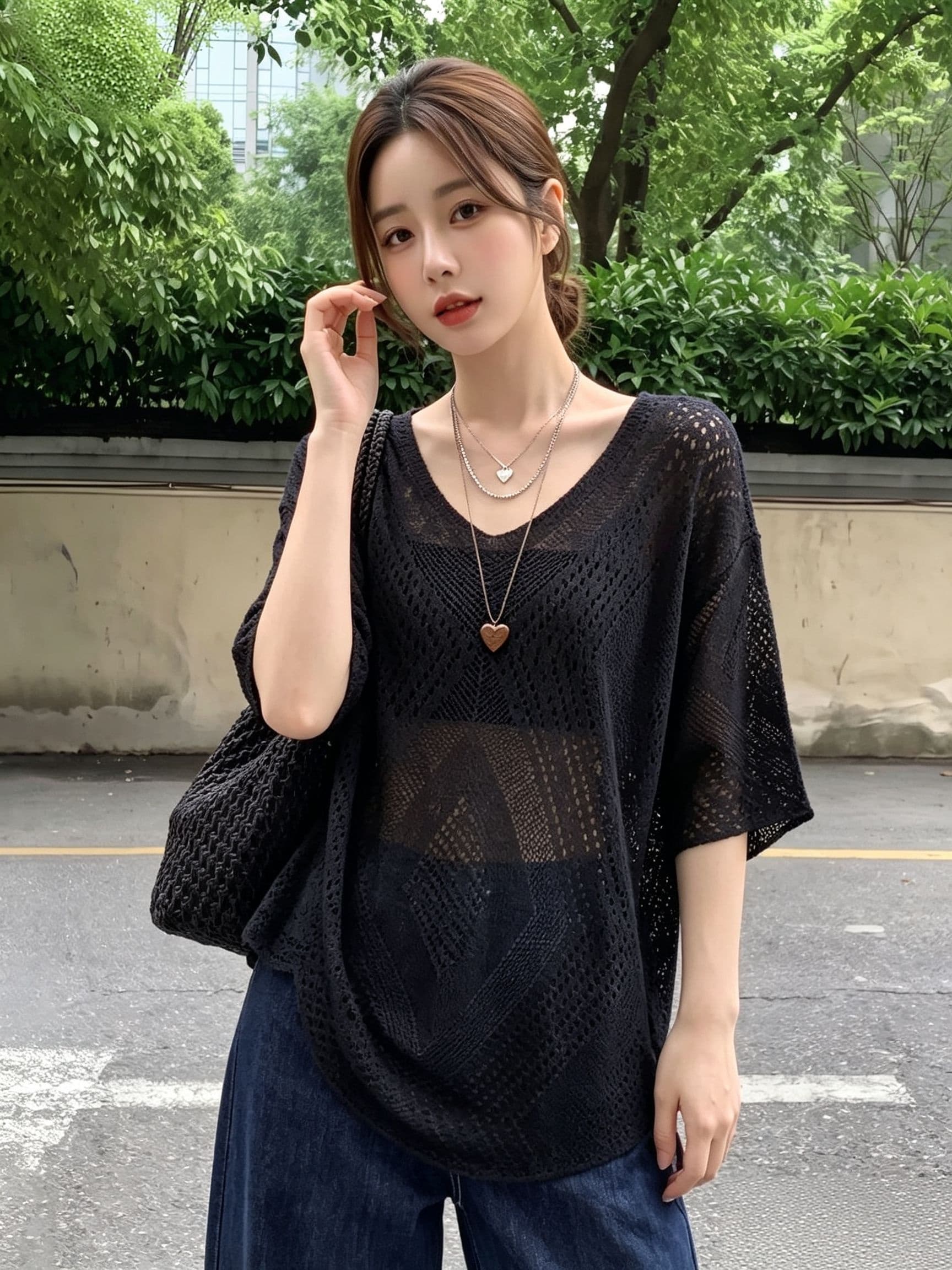 실사 빅 사이즈 여름 얇은 스타일 V넥 홀로우 아웃 블라우스 여성 프랑스식 레트로 루즈핏 느긋한 바람 니트 스웨터 맨위 상세 이미지 7