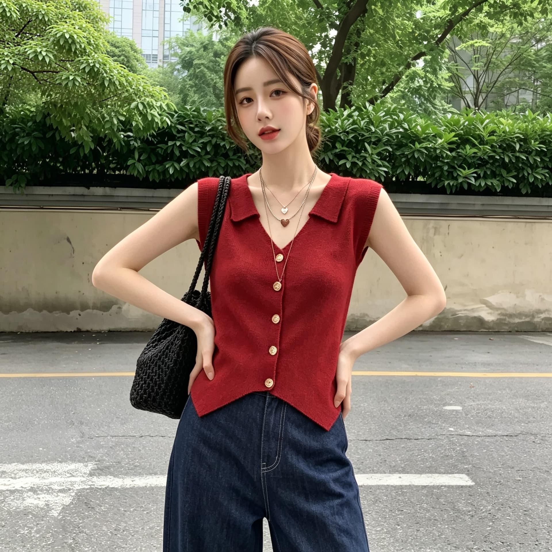 실사 빅 사이즈 가을 섹션 새로운 베스트 한국 스타일 이른 가을 민소매 조끼 폴로 칼라 외국 가스 슬림해 보이는 스택 착용 맨위 이미지 2