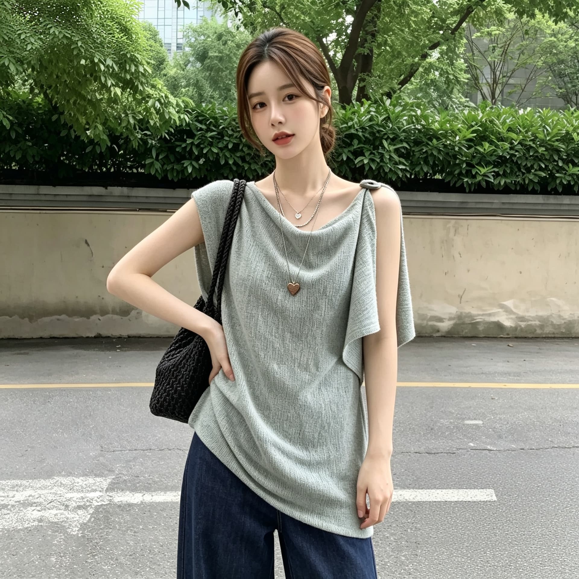 실사 빅 사이즈 한 부서 레트로 도루 칼라 비대칭 디자인 센스 니트 스웨터 여성 통통한 여동생 루즈핏 캐주얼 맨위 이미지 5