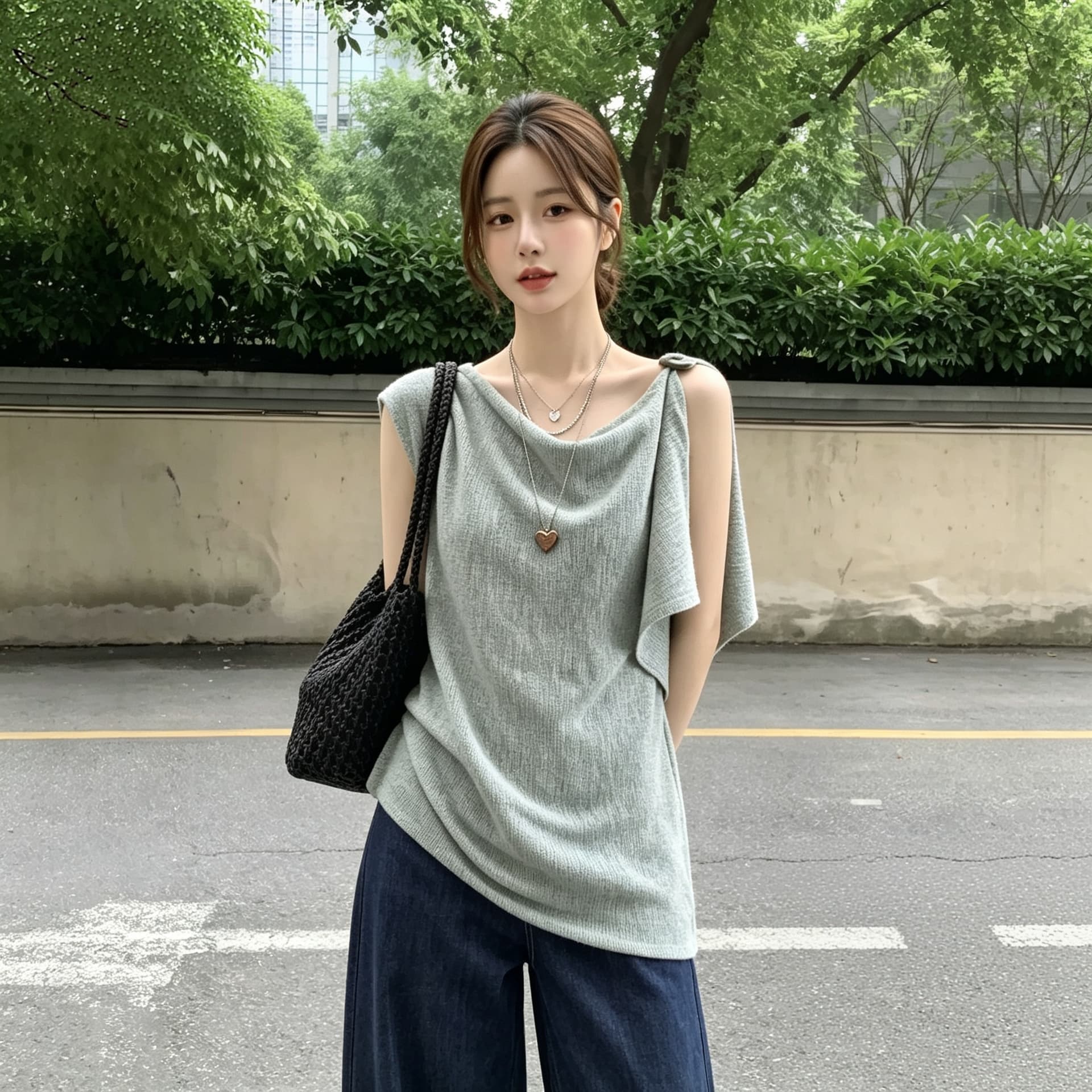 실사 빅 사이즈 한 부서 레트로 도루 칼라 비대칭 디자인 센스 니트 스웨터 여성 통통한 여동생 루즈핏 캐주얼 맨위 이미지 3
