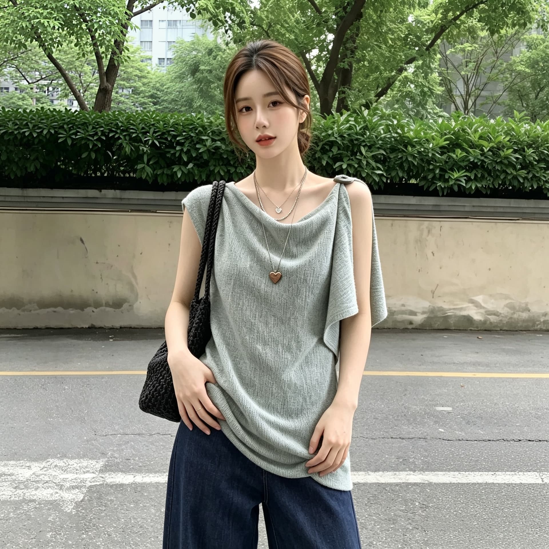 실사 빅 사이즈 한 부서 레트로 도루 칼라 비대칭 디자인 센스 니트 스웨터 여성 통통한 여동생 루즈핏 캐주얼 맨위 상세 이미지 2