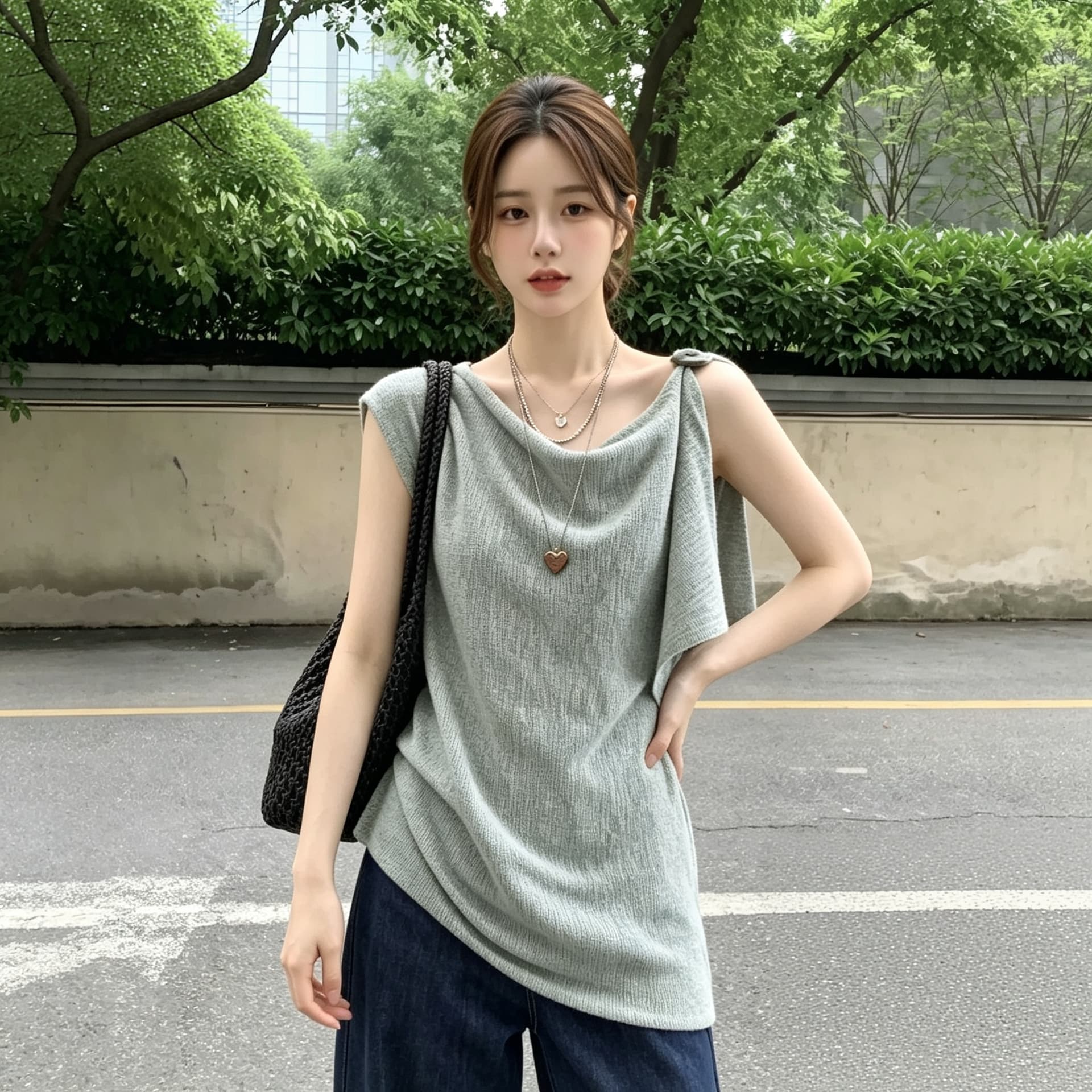 실사 빅 사이즈 한 부서 레트로 도루 칼라 비대칭 디자인 센스 니트 스웨터 여성 통통한 여동생 루즈핏 캐주얼 맨위 상세 이미지 3