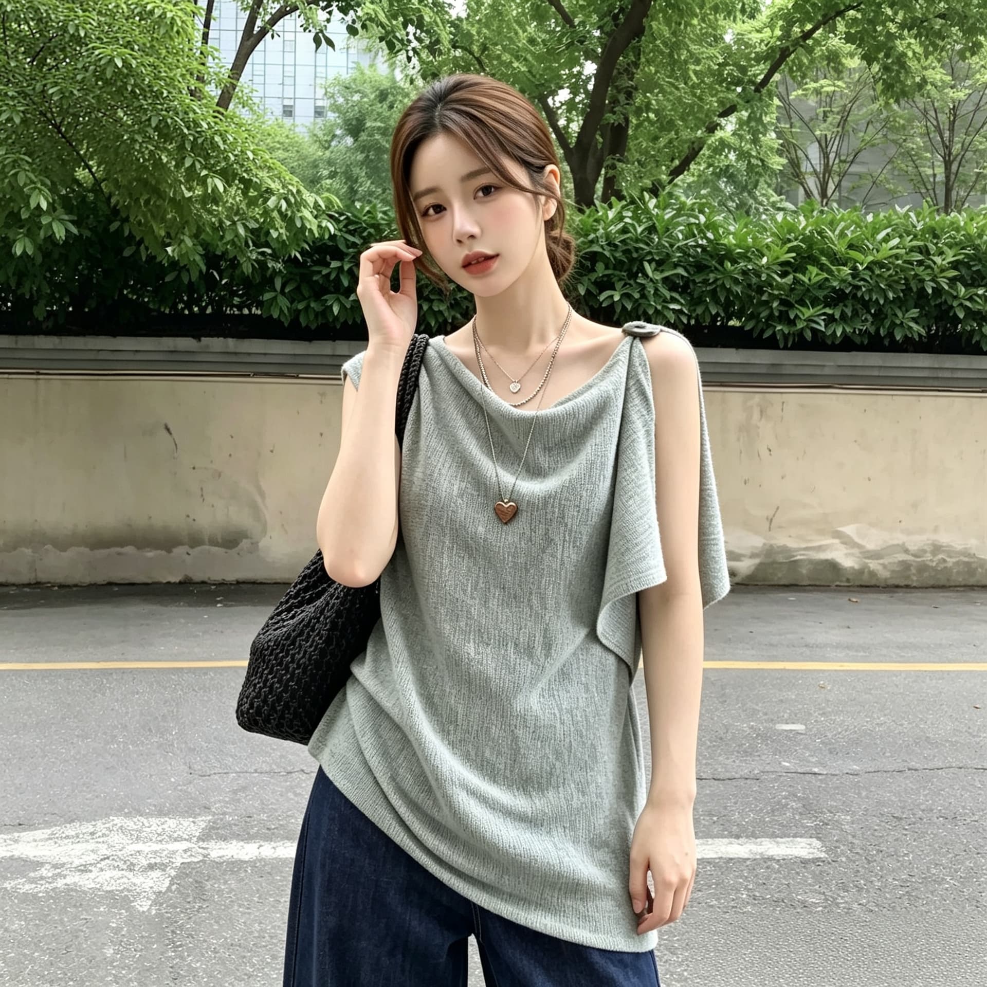 실사 빅 사이즈 한 부서 레트로 도루 칼라 비대칭 디자인 센스 니트 스웨터 여성 통통한 여동생 루즈핏 캐주얼 맨위 상세 이미지 6