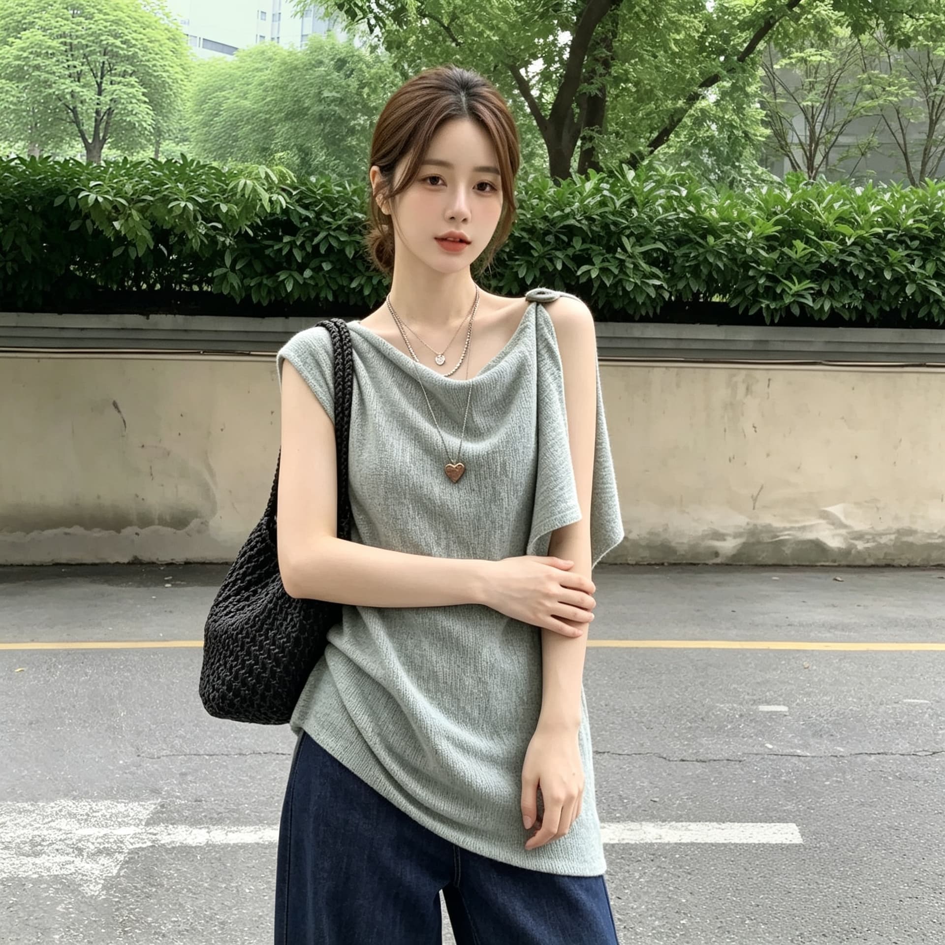 실사 빅 사이즈 한 부서 레트로 도루 칼라 비대칭 디자인 센스 니트 스웨터 여성 통통한 여동생 루즈핏 캐주얼 맨위 상세 이미지 7