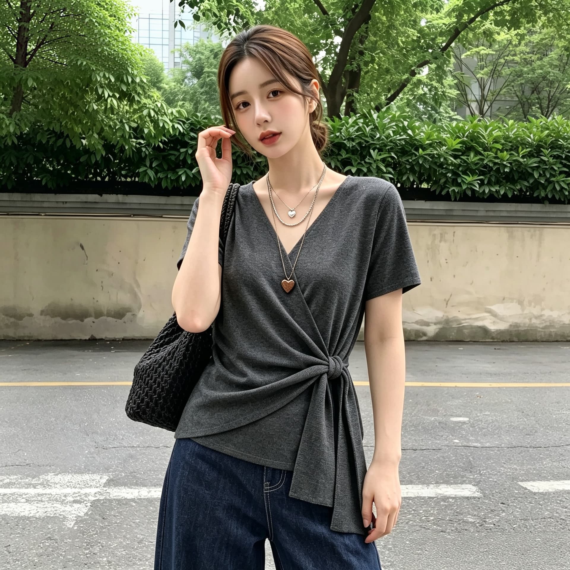 실사 빅 사이즈 여름 새로운 반팔 맨위 여성 작은 대중 디자인 센스 십자가 V넥 빛 피부 통기성 니트 스웨터