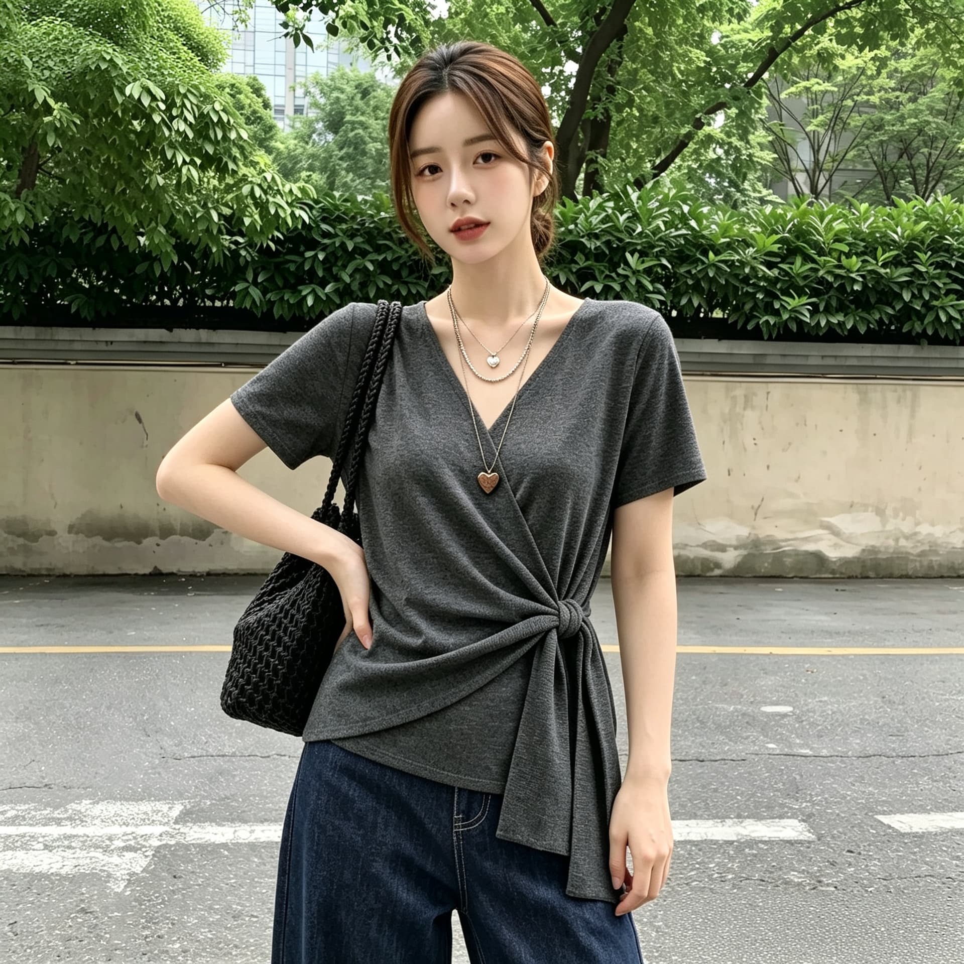 실사 빅 사이즈 여름 새로운 반팔 맨위 여성 작은 대중 디자인 센스 십자가 V넥 빛 피부 통기성 니트 스웨터 이미지 2