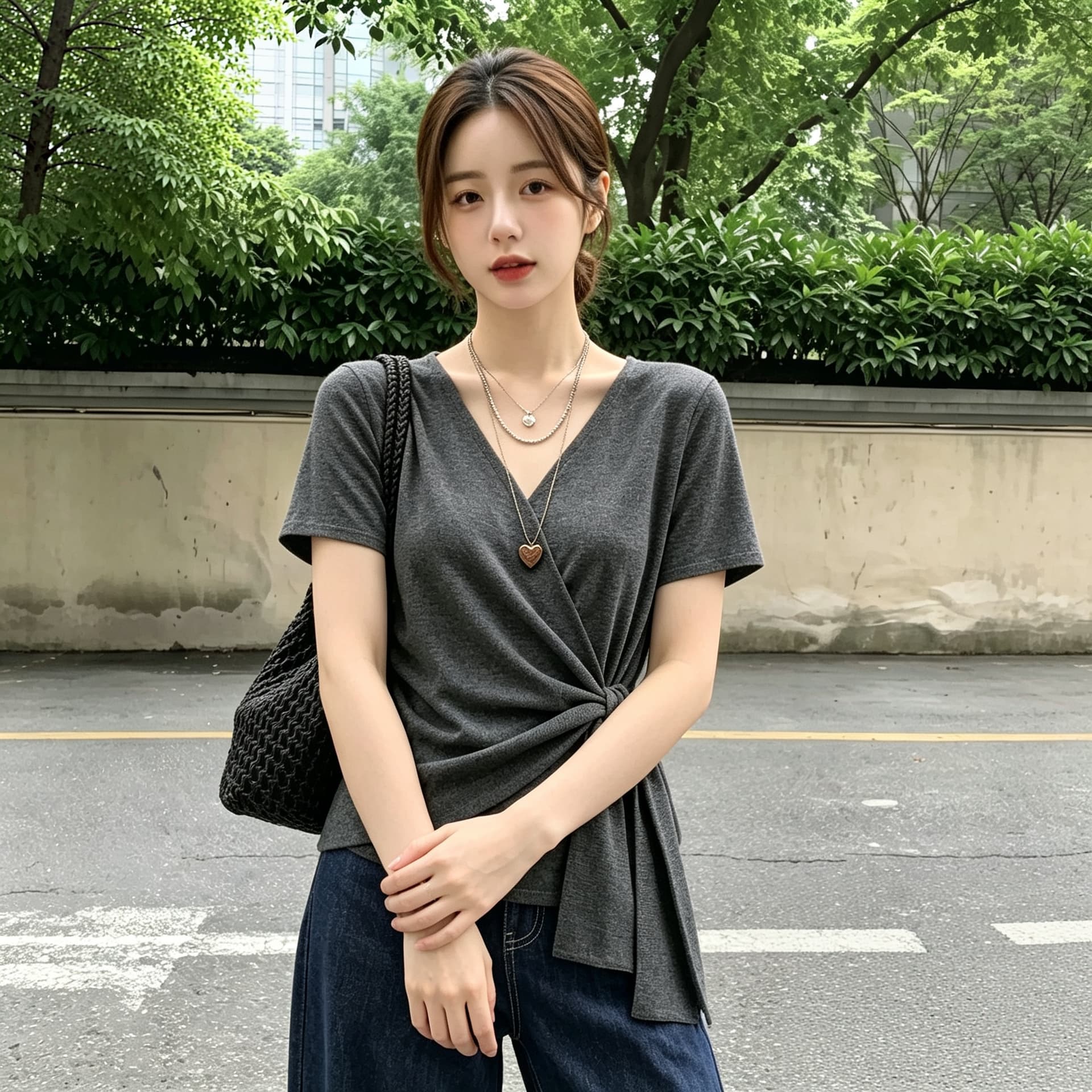 실사 빅 사이즈 여름 새로운 반팔 맨위 여성 작은 대중 디자인 센스 십자가 V넥 빛 피부 통기성 니트 스웨터 이미지 5