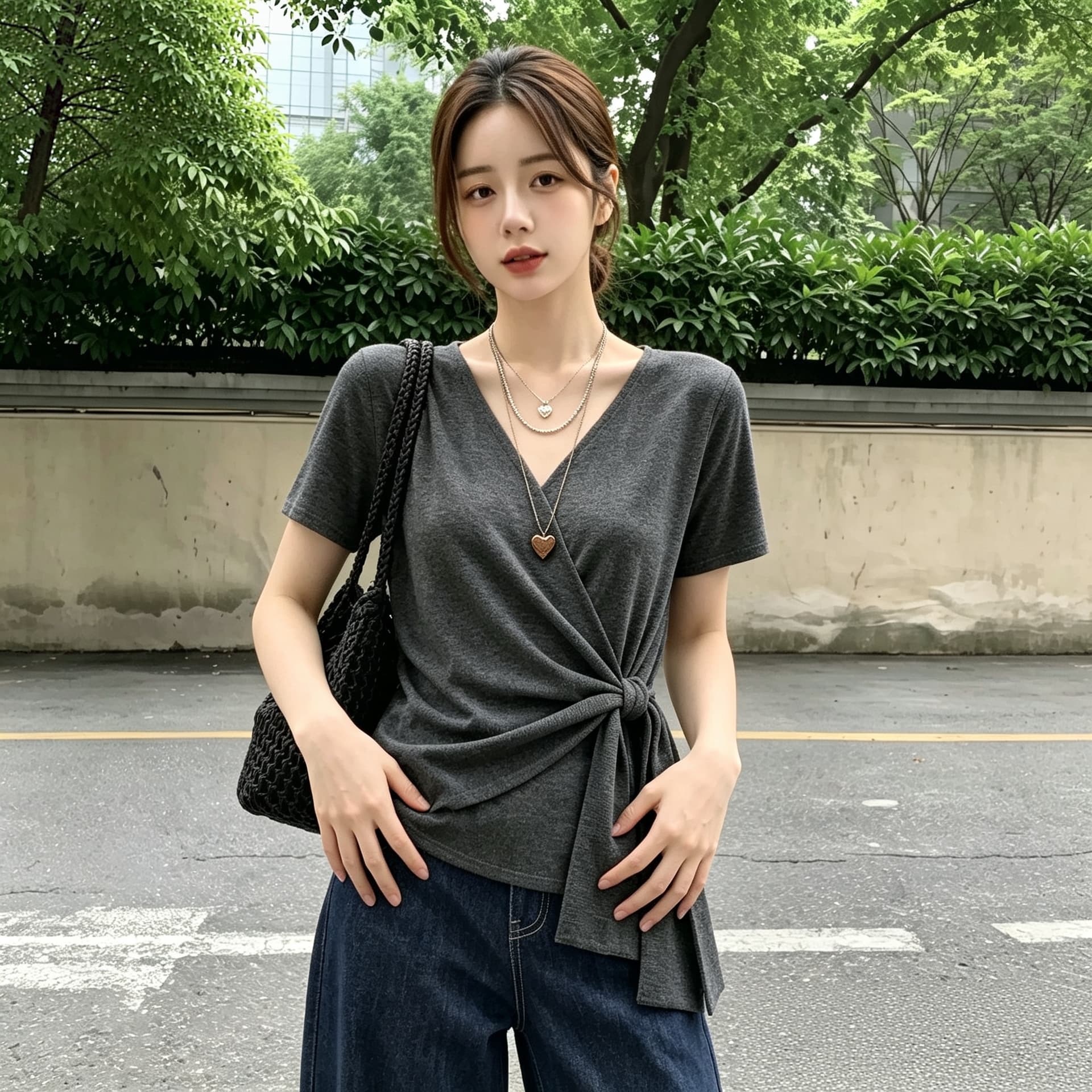 실사 빅 사이즈 여름 새로운 반팔 맨위 여성 작은 대중 디자인 센스 십자가 V넥 빛 피부 통기성 니트 스웨터 상세 이미지 3