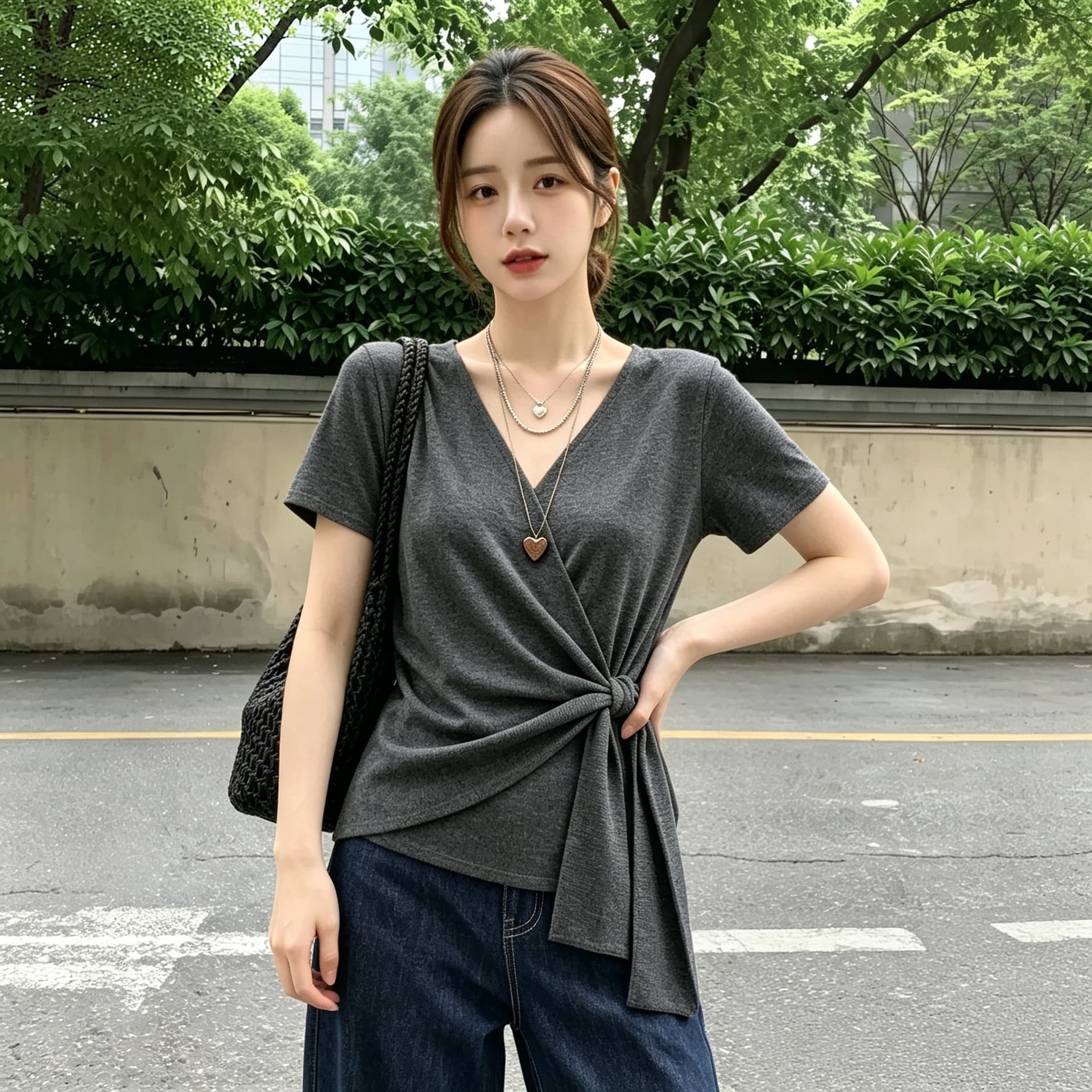 실사 빅 사이즈 여름 새로운 반팔 맨위 여성 작은 대중 디자인 센스 십자가 V넥 빛 피부 통기성 니트 스웨터 상세 이미지 4