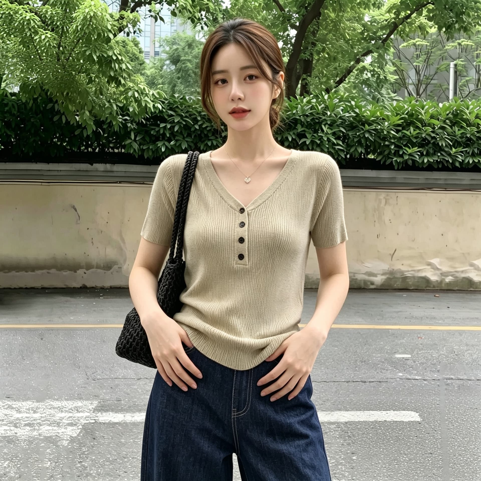 실사 빅 사이즈 여름 새로운 2026 년 반 개방 칼라 맨위 여성 한국 스타일 V넥 외국 가스 다용도 얼음 실크 니트 스웨터 상세 이미지 7