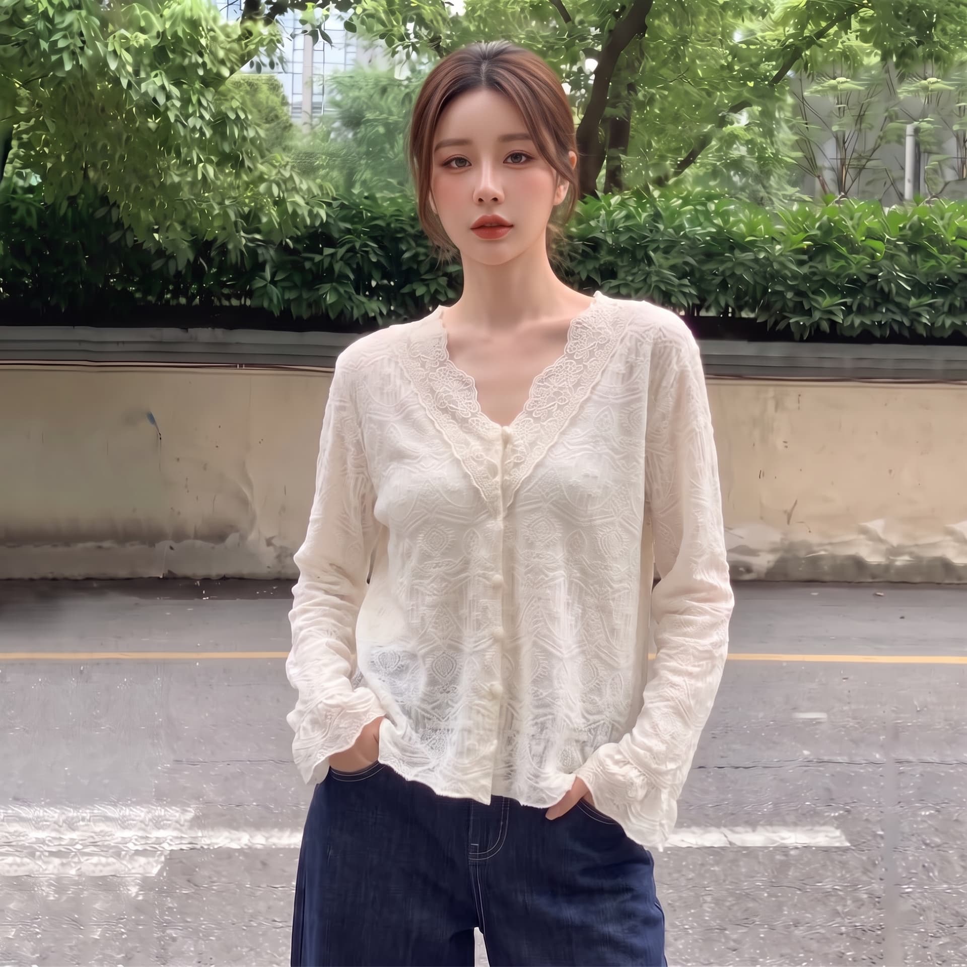 실사 빅 사이즈 가을 얇은 스타일 V넥 니트 스웨터 여성 프랑스식 레트로 레이스 자수 자카드 루즈핏 슬림해 보이는 맨위