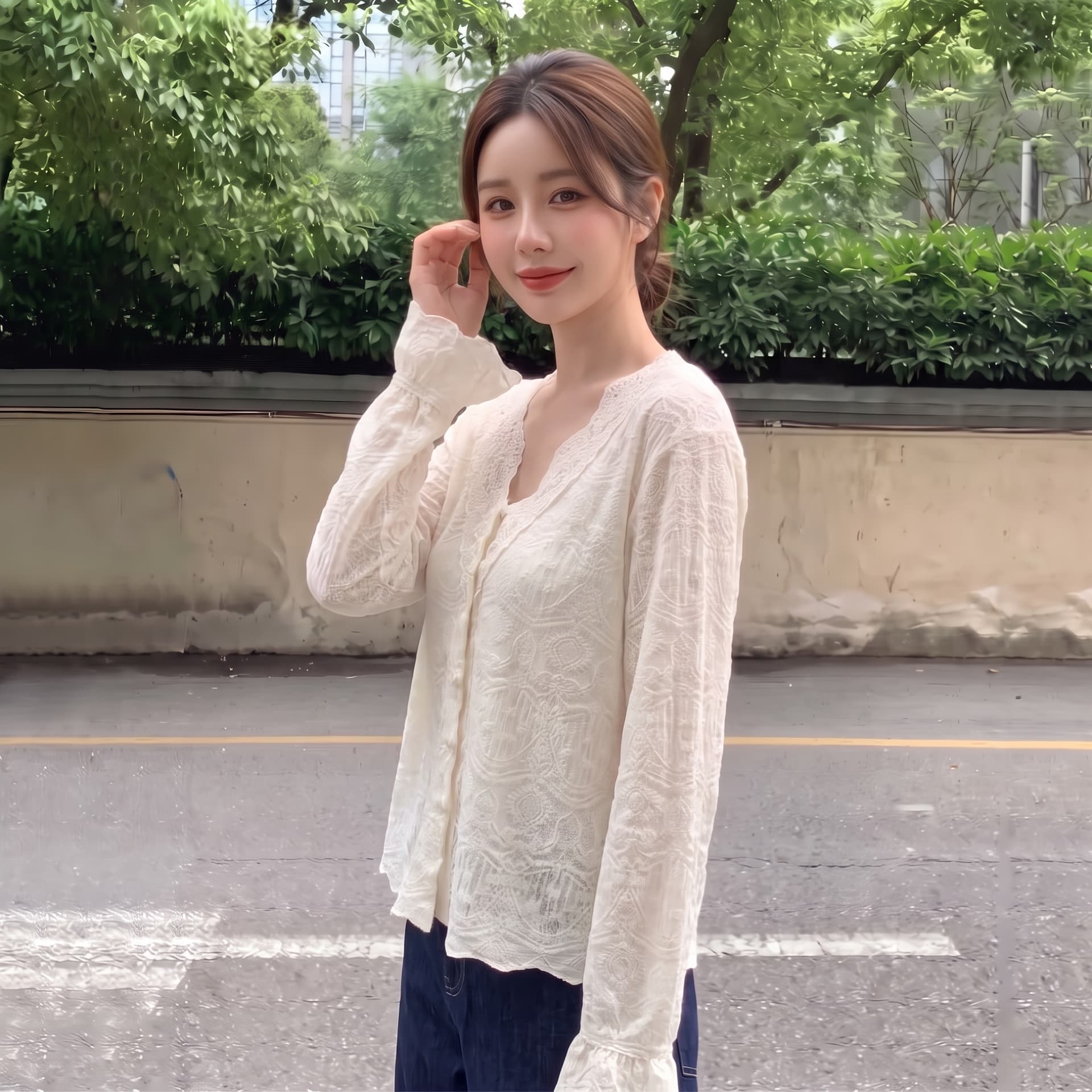 실사 빅 사이즈 가을 얇은 스타일 V넥 니트 스웨터 여성 프랑스식 레트로 레이스 자수 자카드 루즈핏 슬림해 보이는 맨위 상세 이미지 3