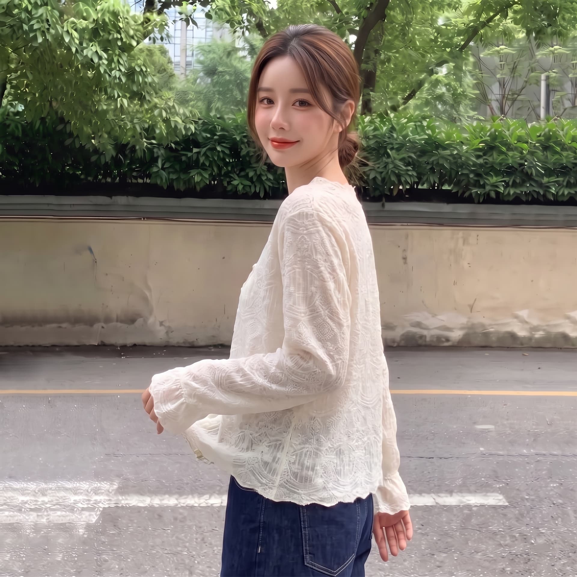 실사 빅 사이즈 가을 얇은 스타일 V넥 니트 스웨터 여성 프랑스식 레트로 레이스 자수 자카드 루즈핏 슬림해 보이는 맨위 상세 이미지 4