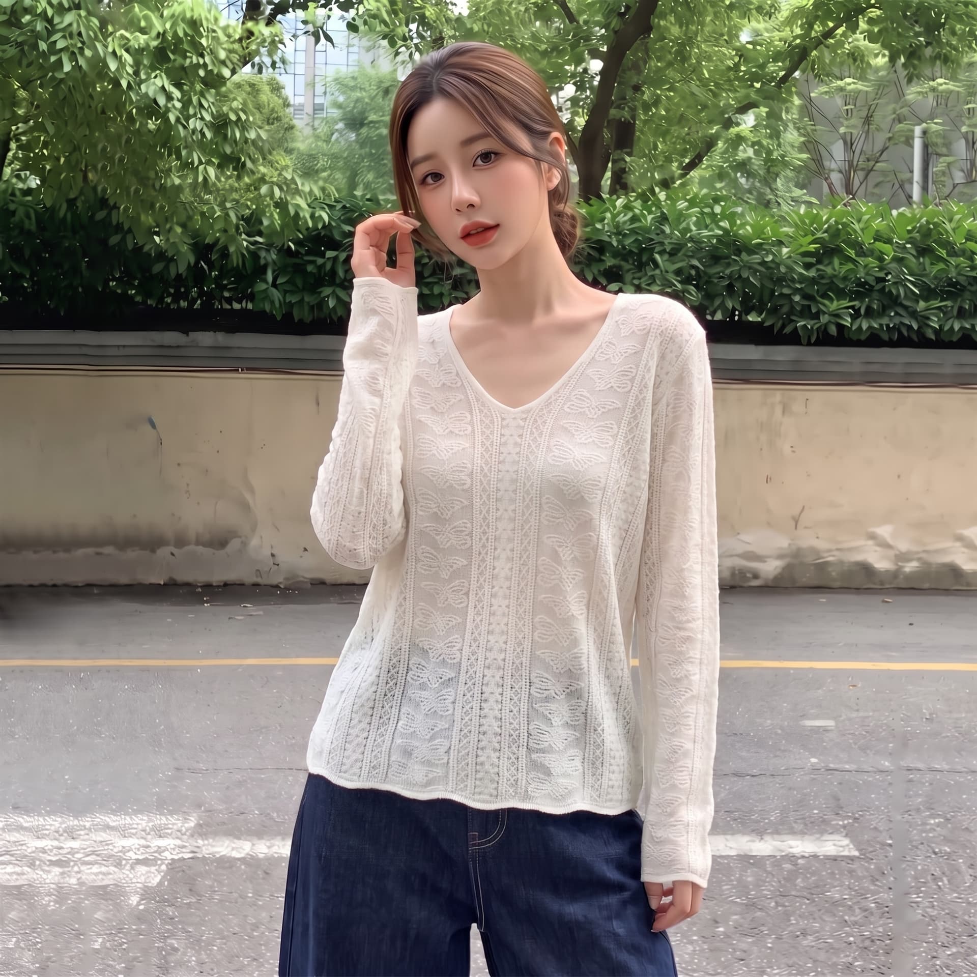 실사 빅 사이즈 프랑스식 레트로 레이스 V넥 니트 스웨터 여성 마이크로 지방 슬림해 보이는 절묘한 자수 자수 만나는 맨위 상세 이미지 8