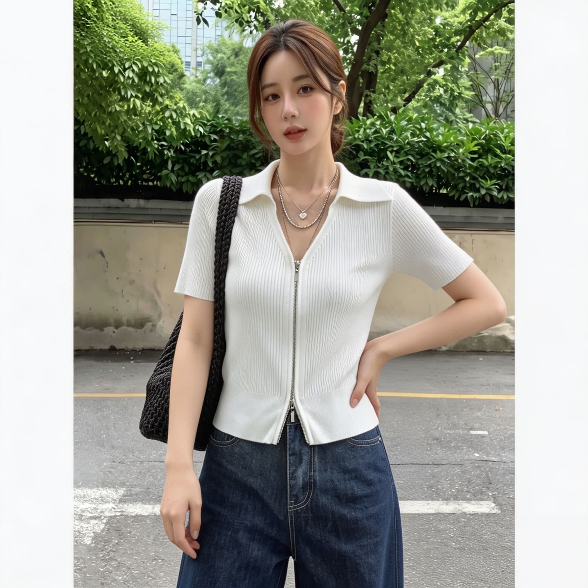 실사 빅 사이즈 아메리칸 레트로 POLO 칼라 더블 지퍼 오픈 가디건 여성 여름 슬림해 보이는 디자인 센스 니트 반팔 티셔츠 이미지 3