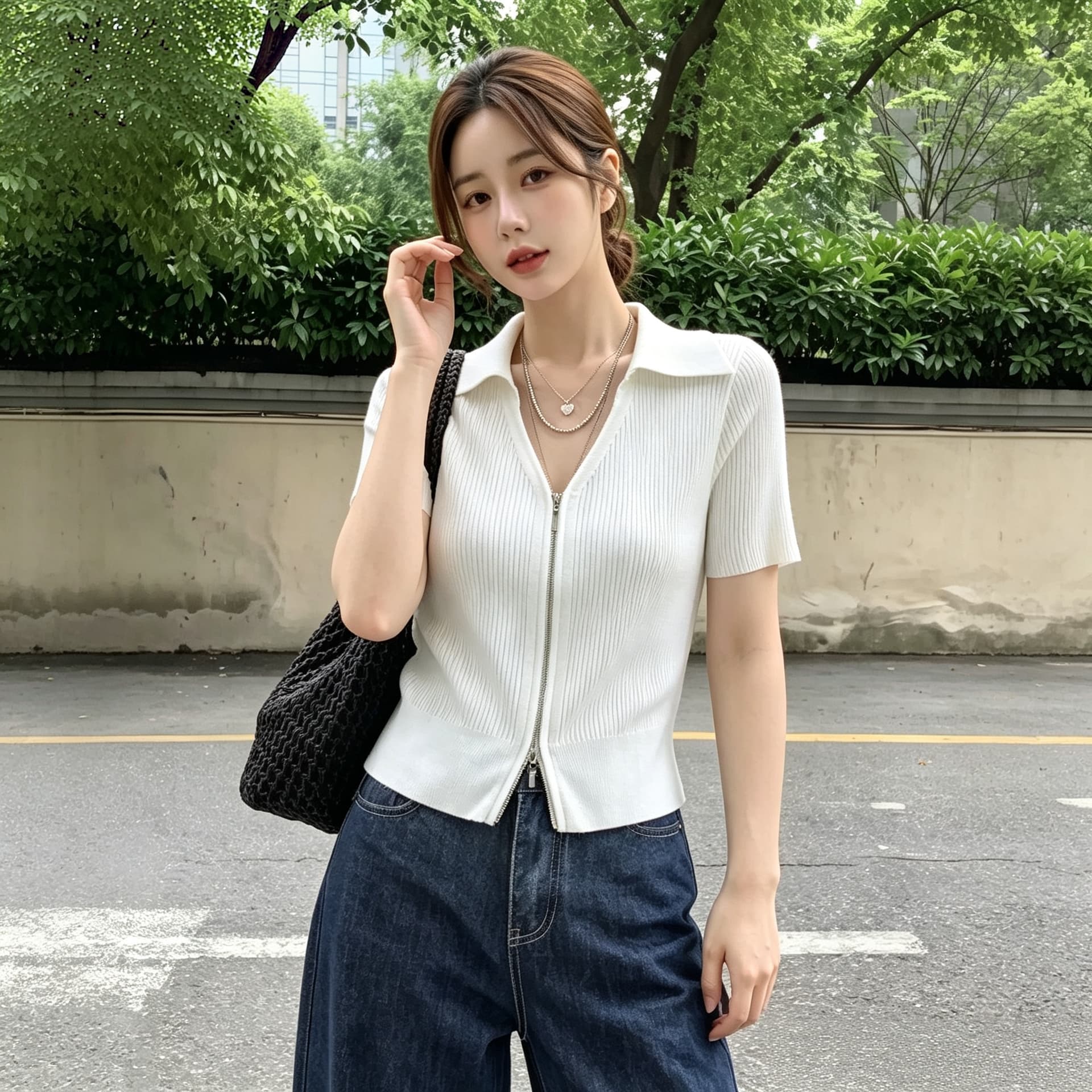 실사 빅 사이즈 아메리칸 레트로 POLO 칼라 더블 지퍼 오픈 가디건 여성 여름 슬림해 보이는 디자인 센스 니트 반팔 티셔츠