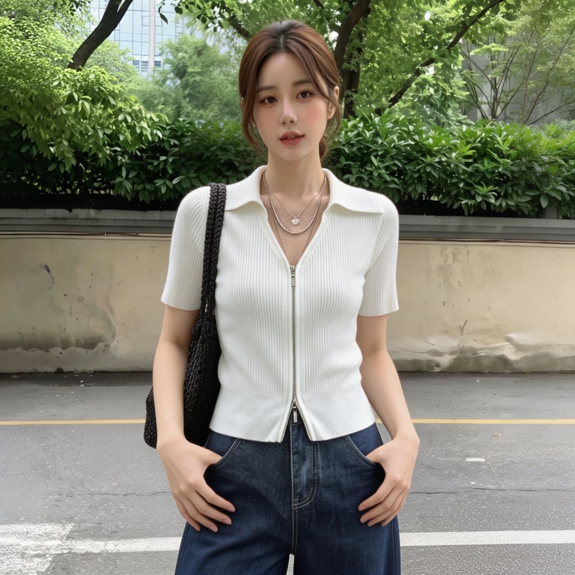실사 빅 사이즈 아메리칸 레트로 POLO 칼라 더블 지퍼 오픈 가디건 여성 여름 슬림해 보이는 디자인 센스 니트 반팔 티셔츠 이미지 2
