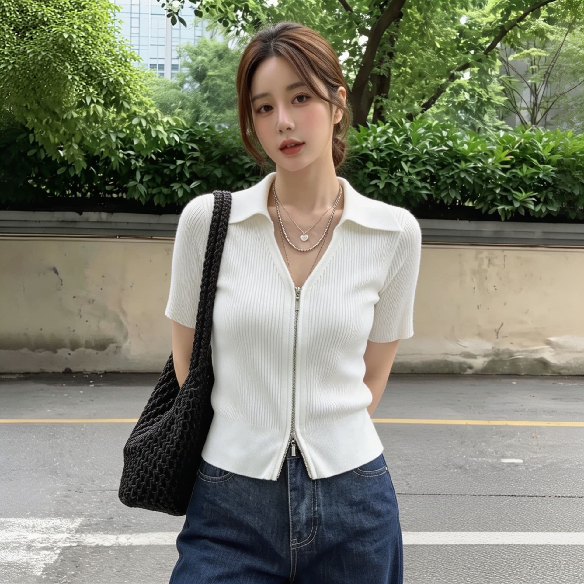 실사 빅 사이즈 아메리칸 레트로 POLO 칼라 더블 지퍼 오픈 가디건 여성 여름 슬림해 보이는 디자인 센스 니트 반팔 티셔츠 이미지 4