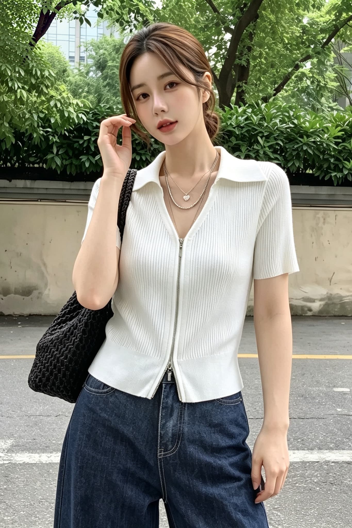 실사 빅 사이즈 아메리칸 레트로 POLO 칼라 더블 지퍼 오픈 가디건 여성 여름 슬림해 보이는 디자인 센스 니트 반팔 티셔츠 이미지 6