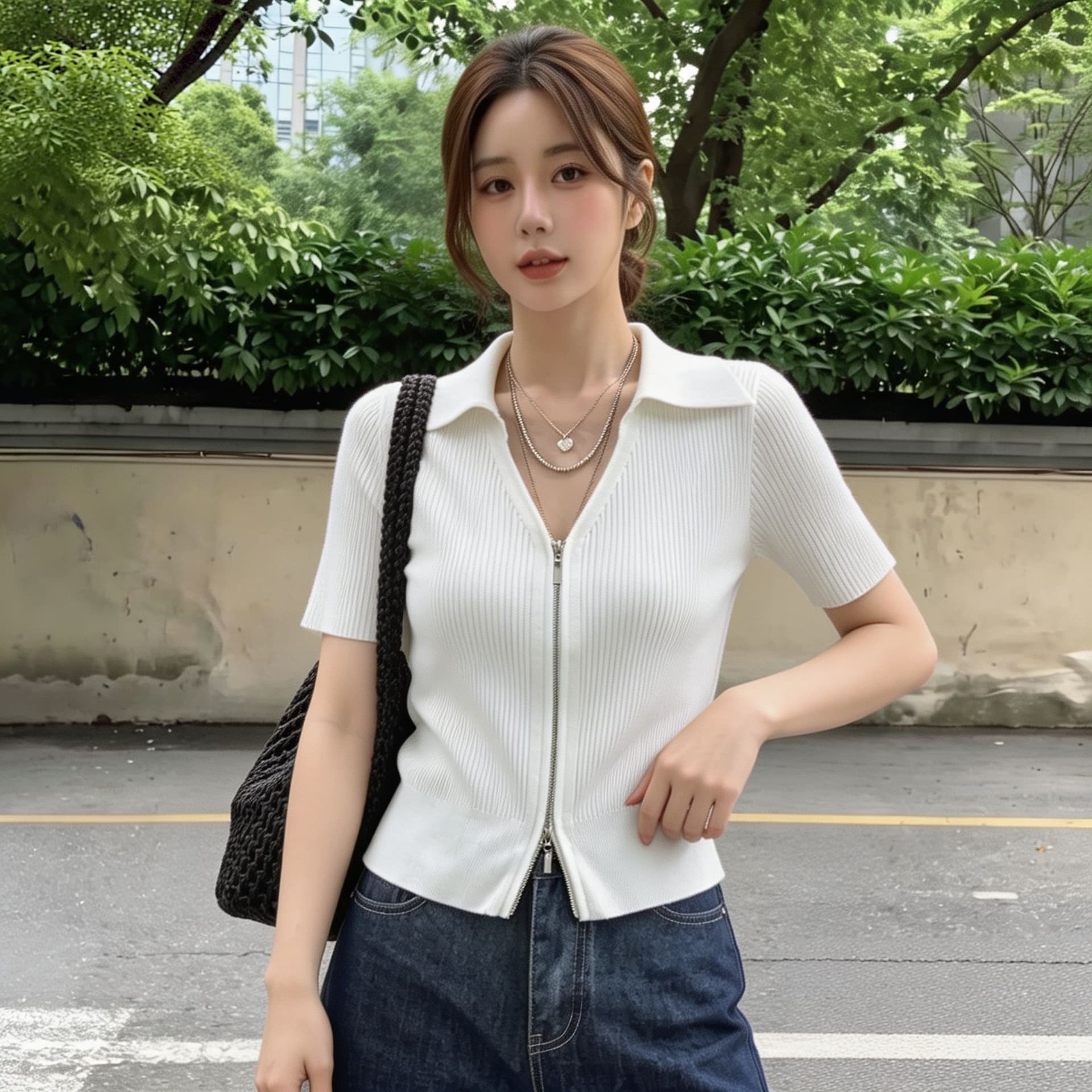 실사 빅 사이즈 아메리칸 레트로 POLO 칼라 더블 지퍼 오픈 가디건 여성 여름 슬림해 보이는 디자인 센스 니트 반팔 티셔츠 상세 이미지 3