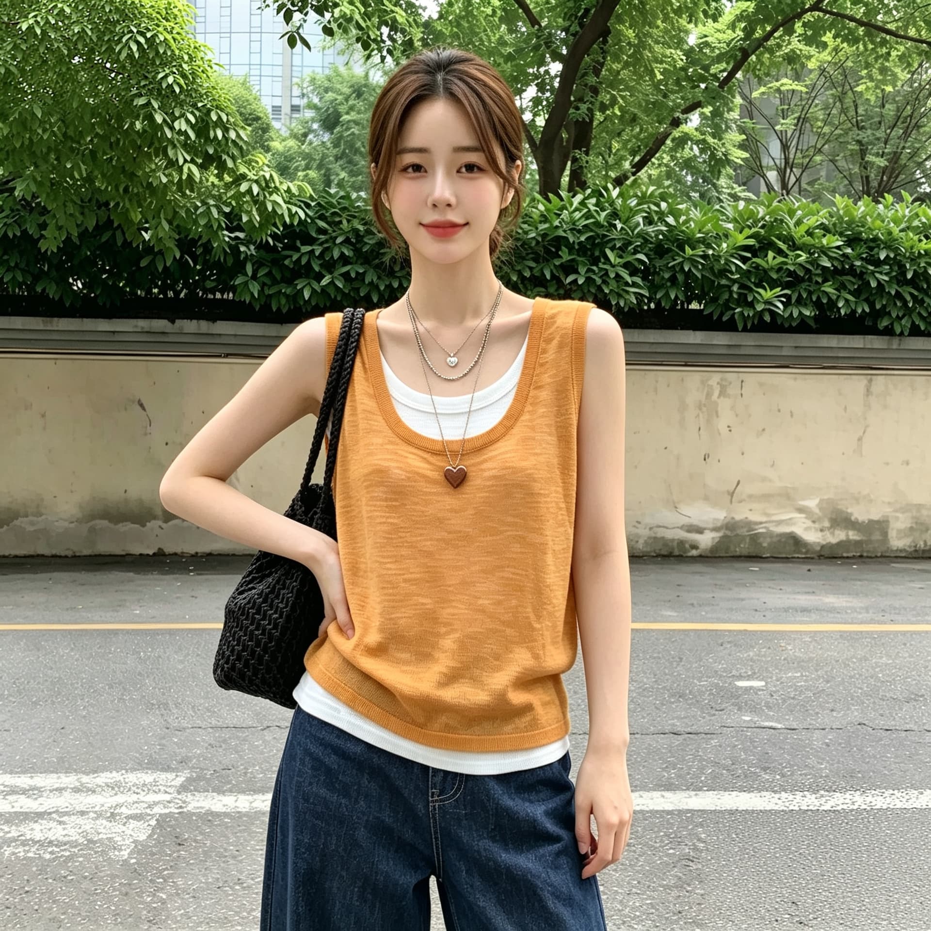 실사 빅 사이즈 도파민 페이크 레이어드 니트 캐미솔 여름 외출용 얇은 스타일 어깨 얼음 실크 맨위 이미지 5