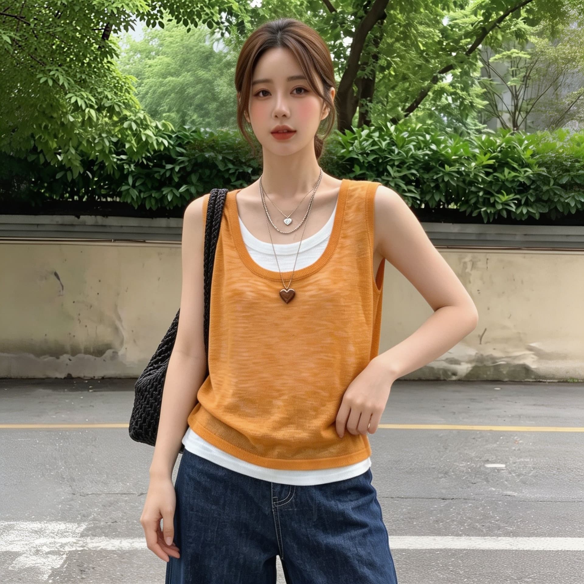 실사 빅 사이즈 도파민 페이크 레이어드 니트 캐미솔 여름 외출용 얇은 스타일 어깨 얼음 실크 맨위 상세 이미지 2
