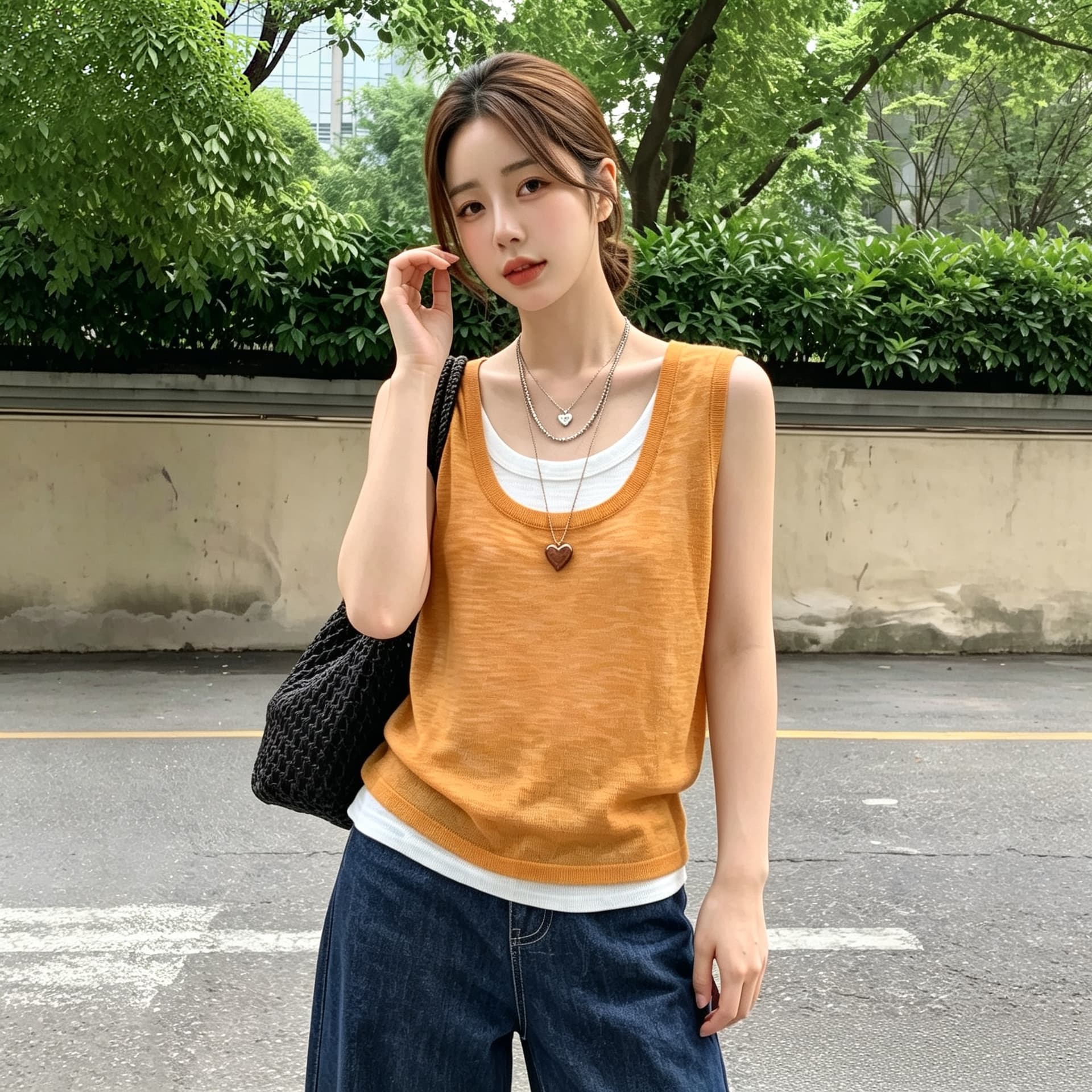 실사 빅 사이즈 도파민 페이크 레이어드 니트 캐미솔 여름 외출용 얇은 스타일 어깨 얼음 실크 맨위 상세 이미지 3
