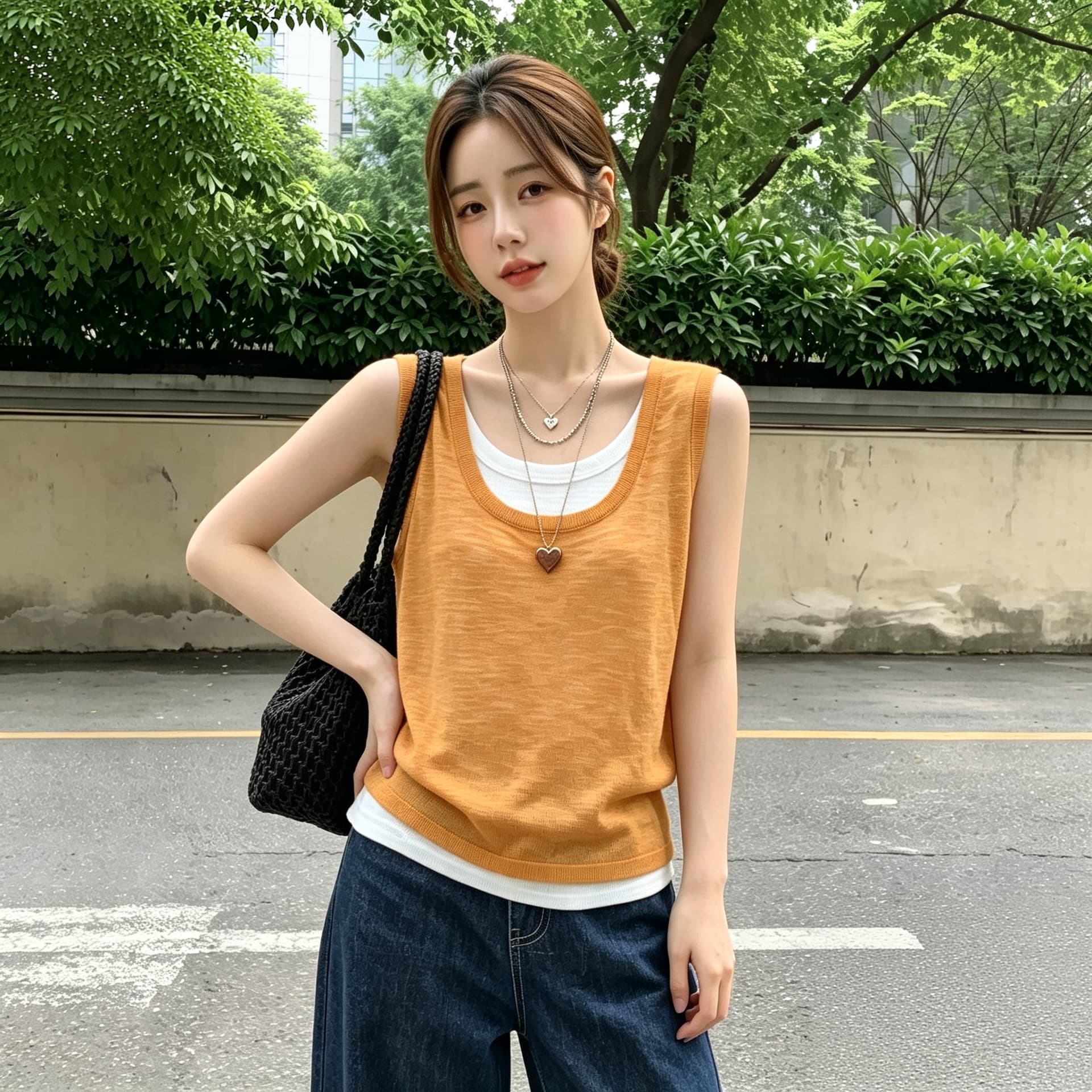 실사 빅 사이즈 도파민 페이크 레이어드 니트 캐미솔 여름 외출용 얇은 스타일 어깨 얼음 실크 맨위 상세 이미지 6