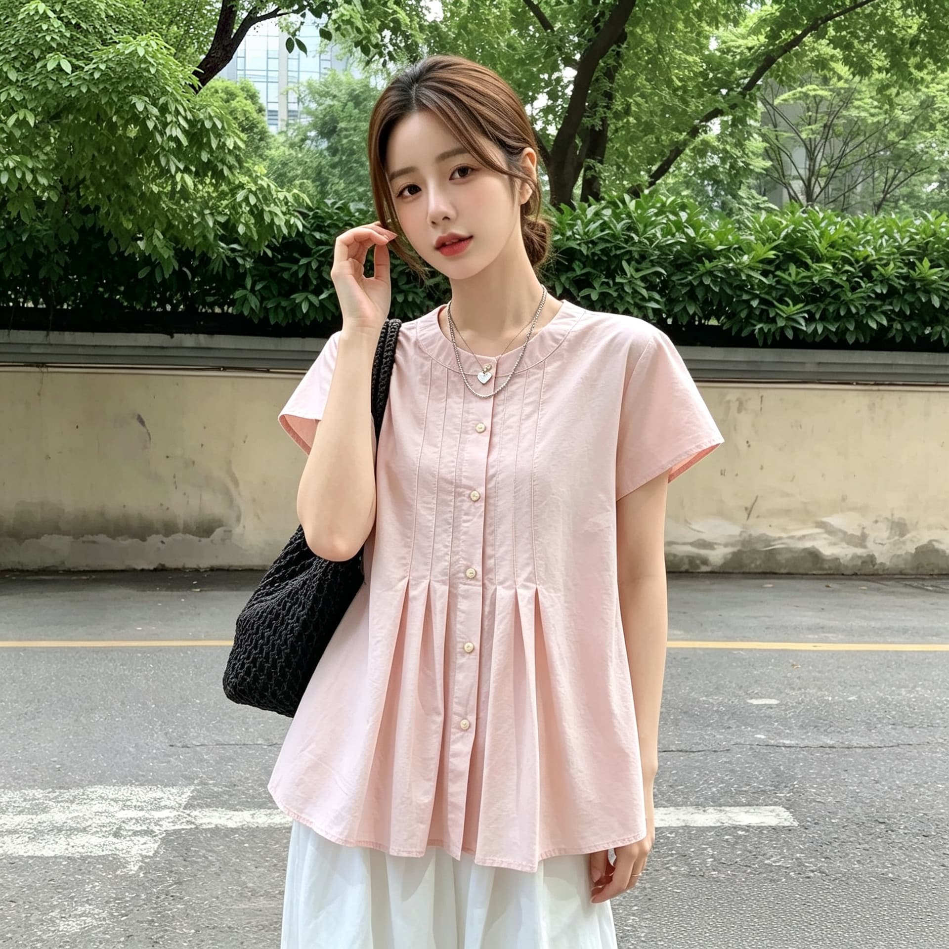 실사 빅 사이즈 직접 만든 일본식 소녀 달콤함 크림 핑크색 작은 날다 소매 셔츠 여름 디자인 센스 플리츠 루즈핏