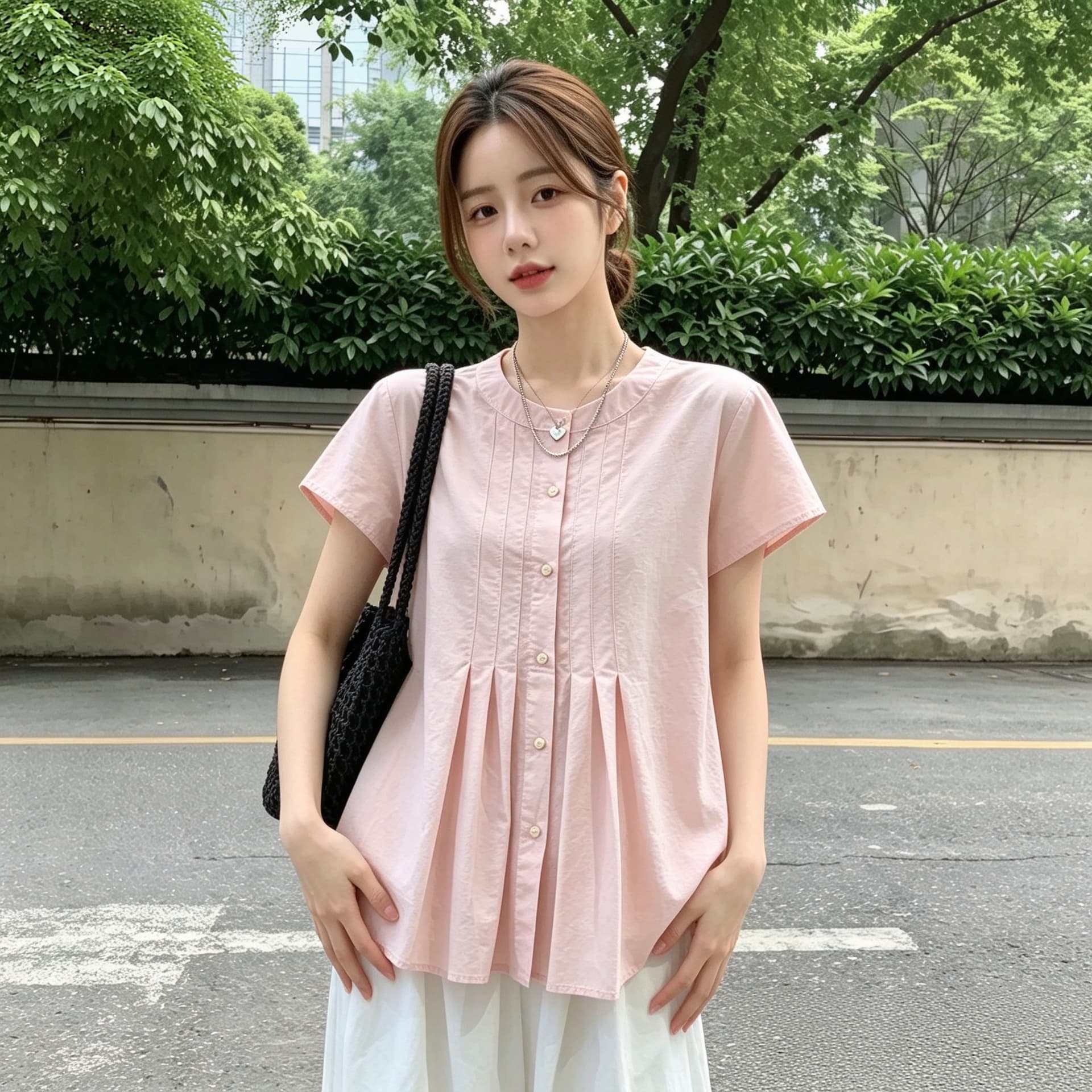 실사 빅 사이즈 직접 만든 일본식 소녀 달콤함 크림 핑크색 작은 날다 소매 셔츠 여름 디자인 센스 플리츠 루즈핏 상세 이미지 5